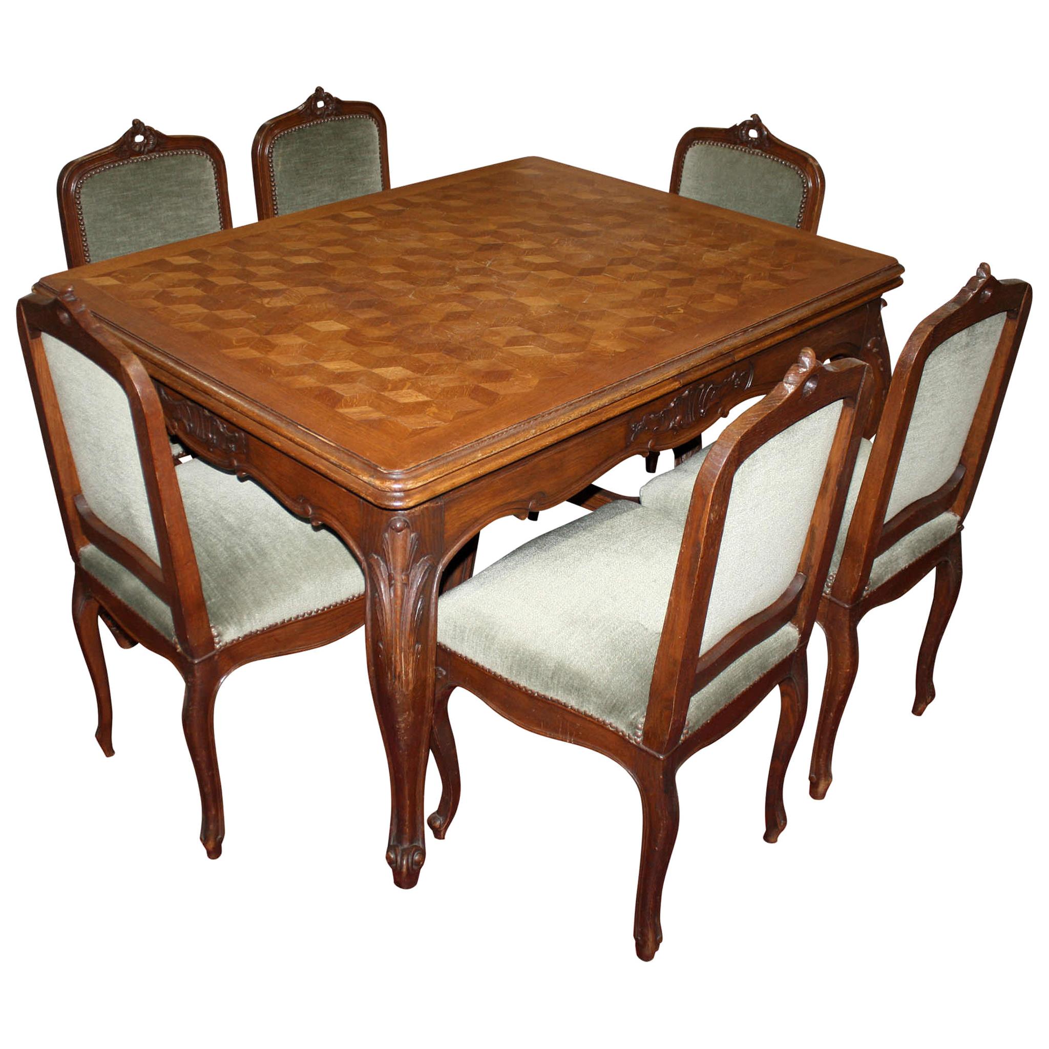 Louis XV Extendable Parquet Dining Table with Six Chairs, circa 1890