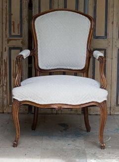 Louis XV Fauteuil of Fruitwood Dressed in Greek Key Linen
