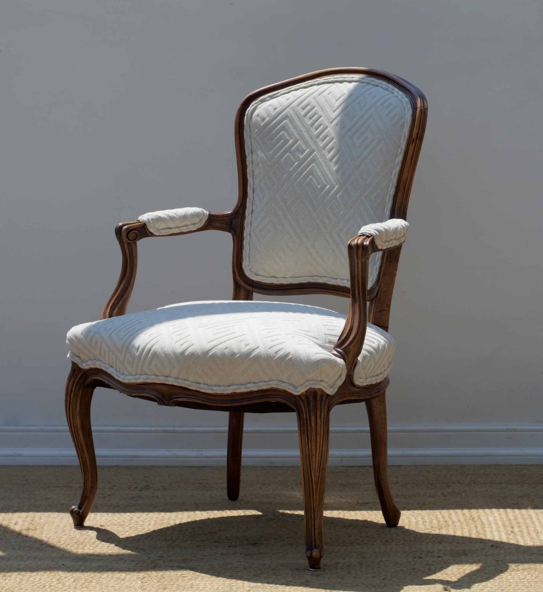 Louis XV Fauteuil of Fruitwood Dressed in Greek Key Linen For Sale 1