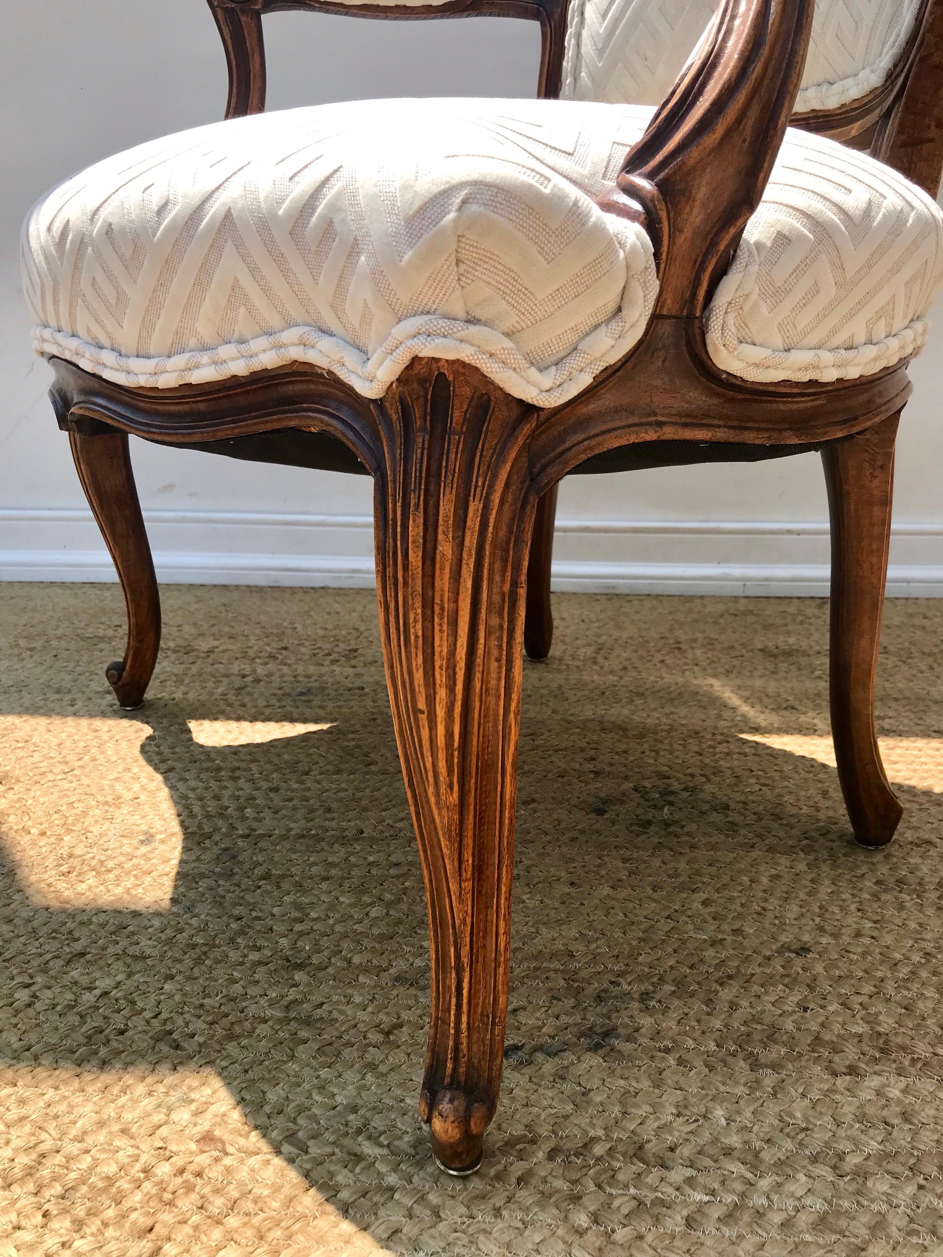 Louis XV Fauteuil of Fruitwood Dressed in Greek Key Linen For Sale 2