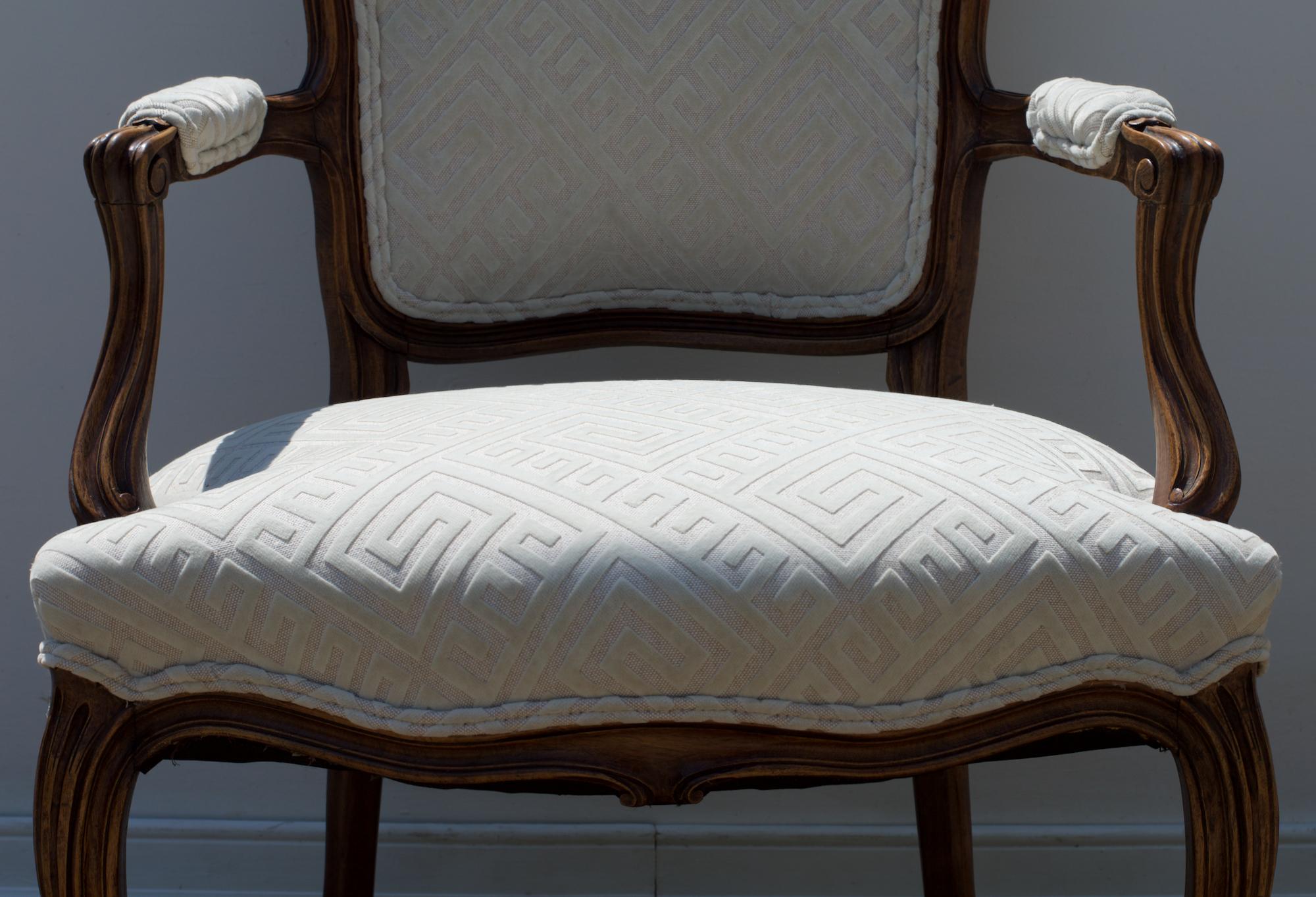 Louis XV Fauteuil of Fruitwood Dressed in Greek Key Linen For Sale 4