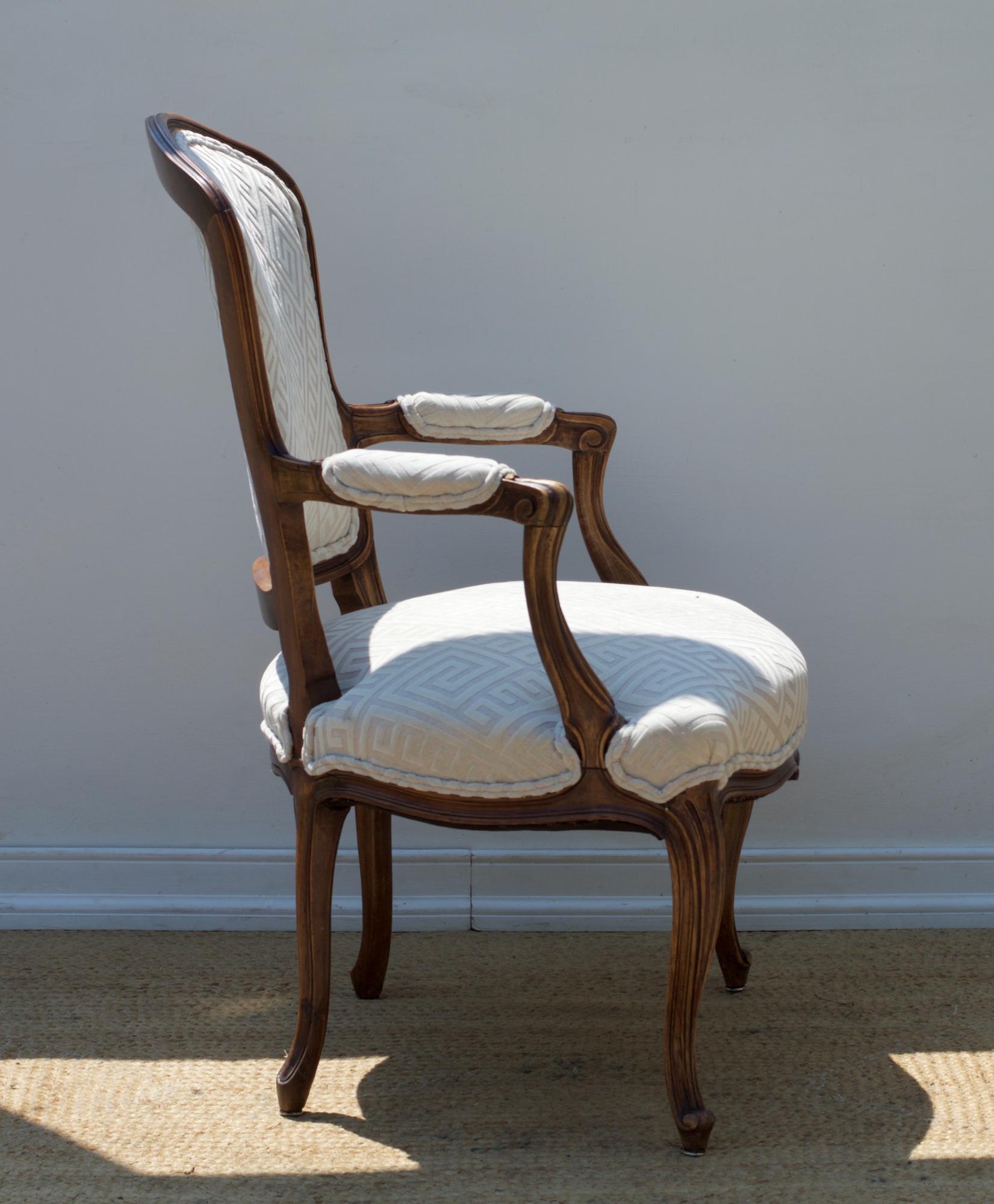 Louis XV Fauteuil of Fruitwood Dressed in Greek Key Linen For Sale 5