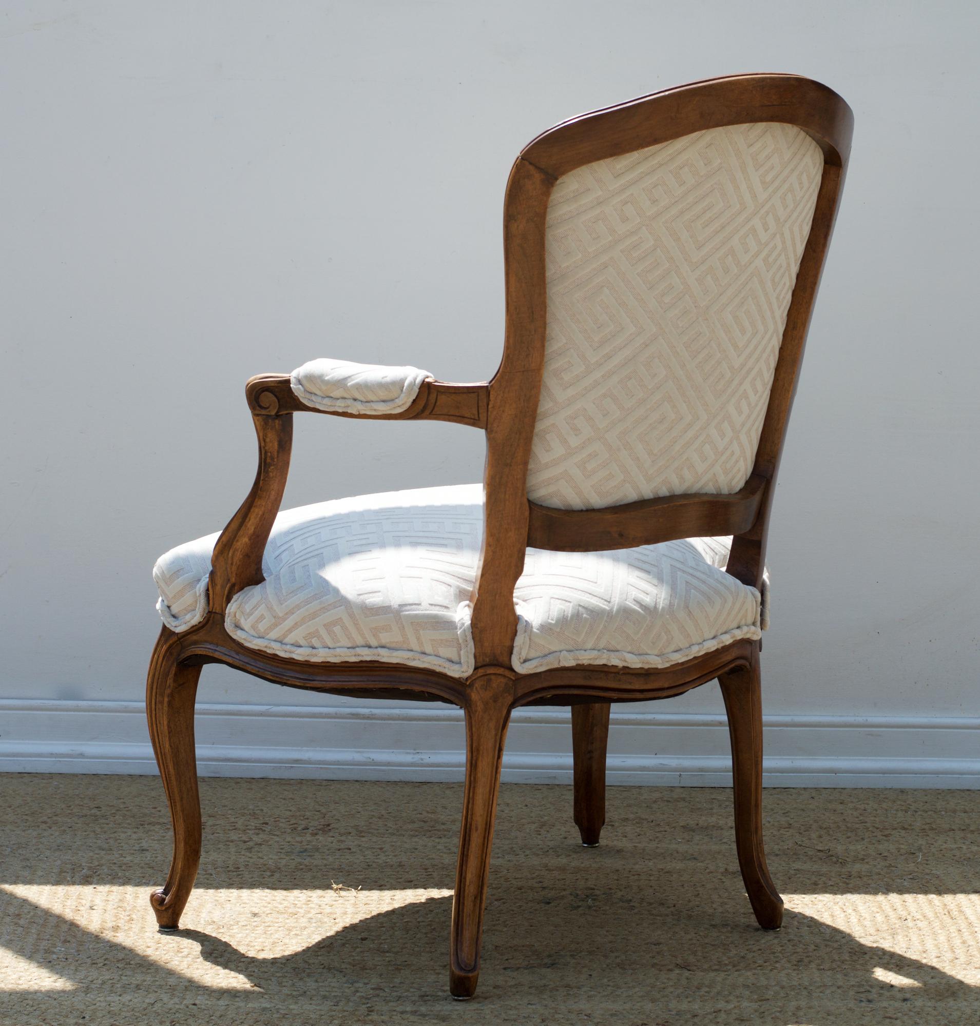 Louis XV Fauteuil of Fruitwood Dressed in Greek Key Linen For Sale 6
