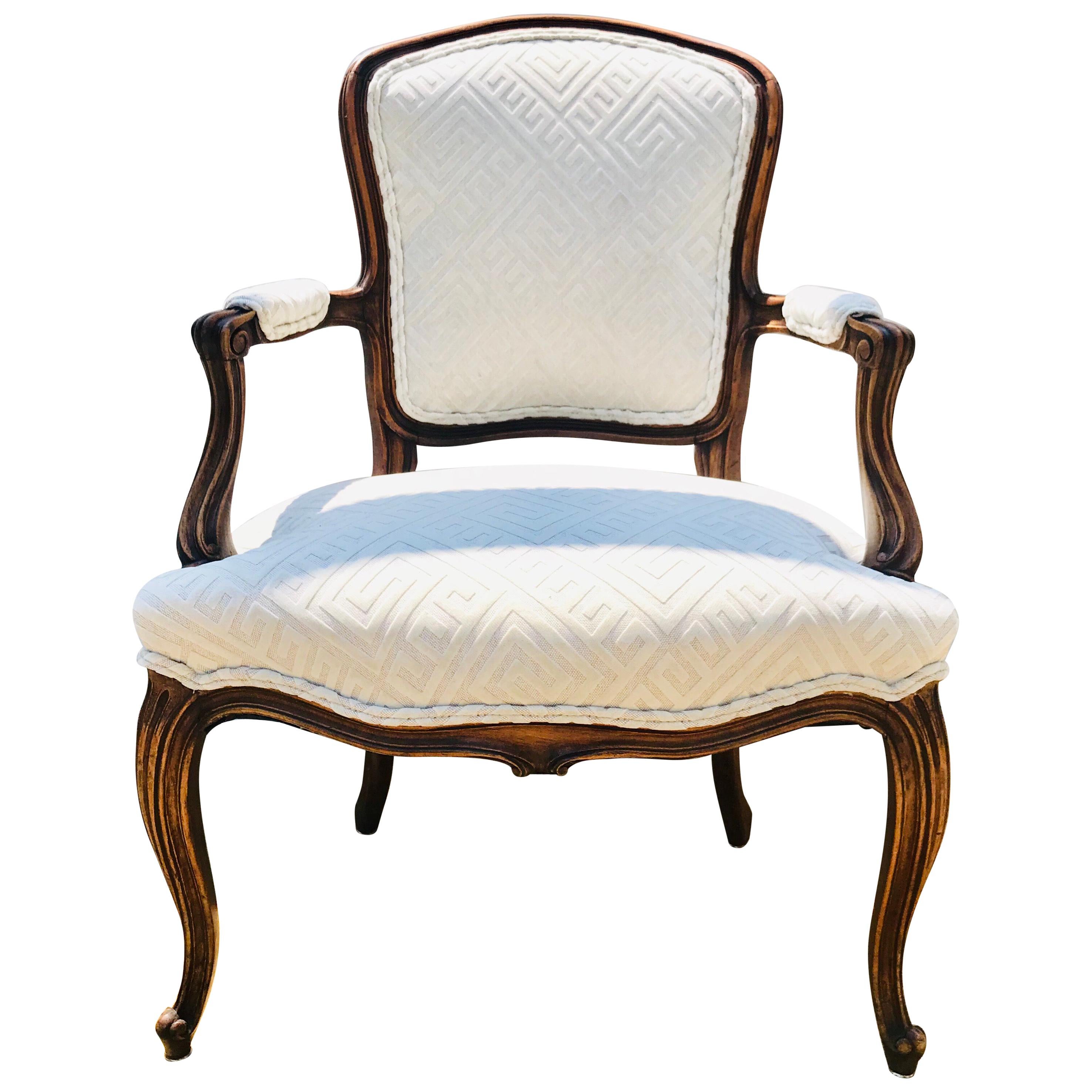 Louis XV Fauteuil of Fruitwood Dressed in Greek Key Linen For Sale