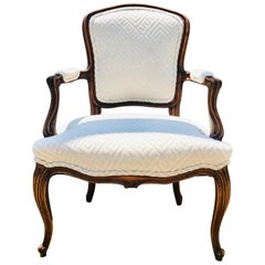 Louis XV Fauteuil of Fruitwood Dressed in Greek Key Linen