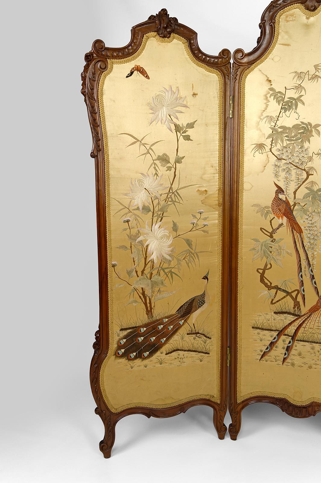Louis XV. Klappbarer Siebdruck / Paravent, „ Asiatische Vögel Wandteppiche“, Frankreich, um 1880 im Zustand „Relativ gut“ im Angebot in VÉZELAY, FR