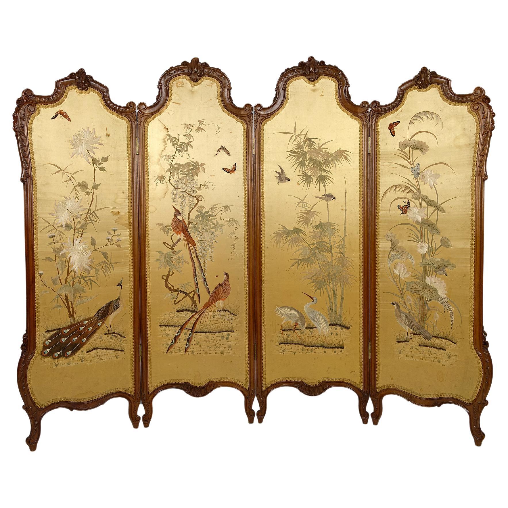 Louis XV folding screen / paravent, "Asian Birds tapestries", France, Circa 1880 For Sale