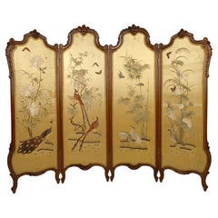 Used Louis XV folding screen / paravent, "Asian Birds tapestries", France, Circa 1880