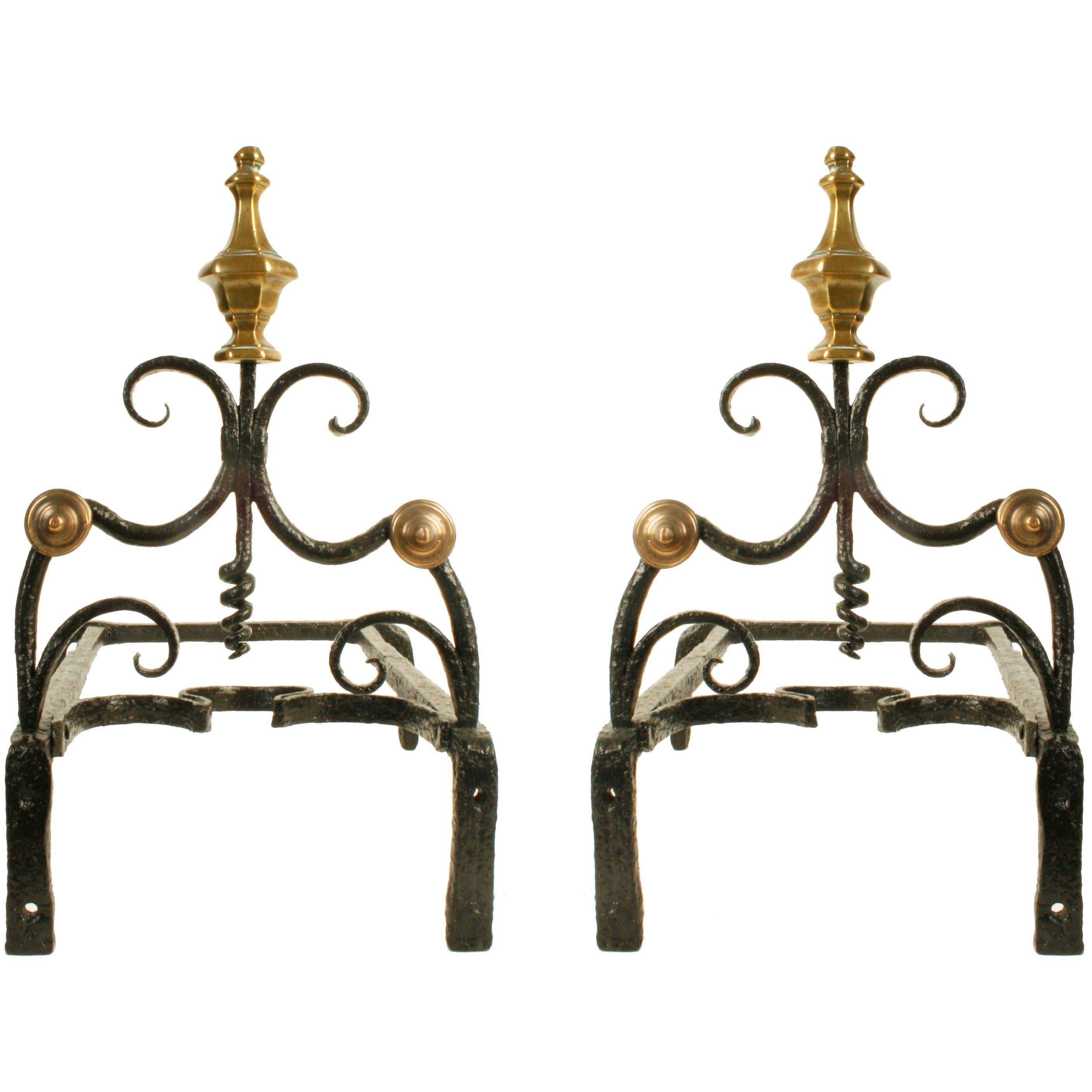 Louis XV Forged Iron and Cast Brass Andirons, Mid-18th Century For Sale