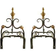 Antique Louis XV Forged Iron and Cast Brass Andirons, Mid-18th Century