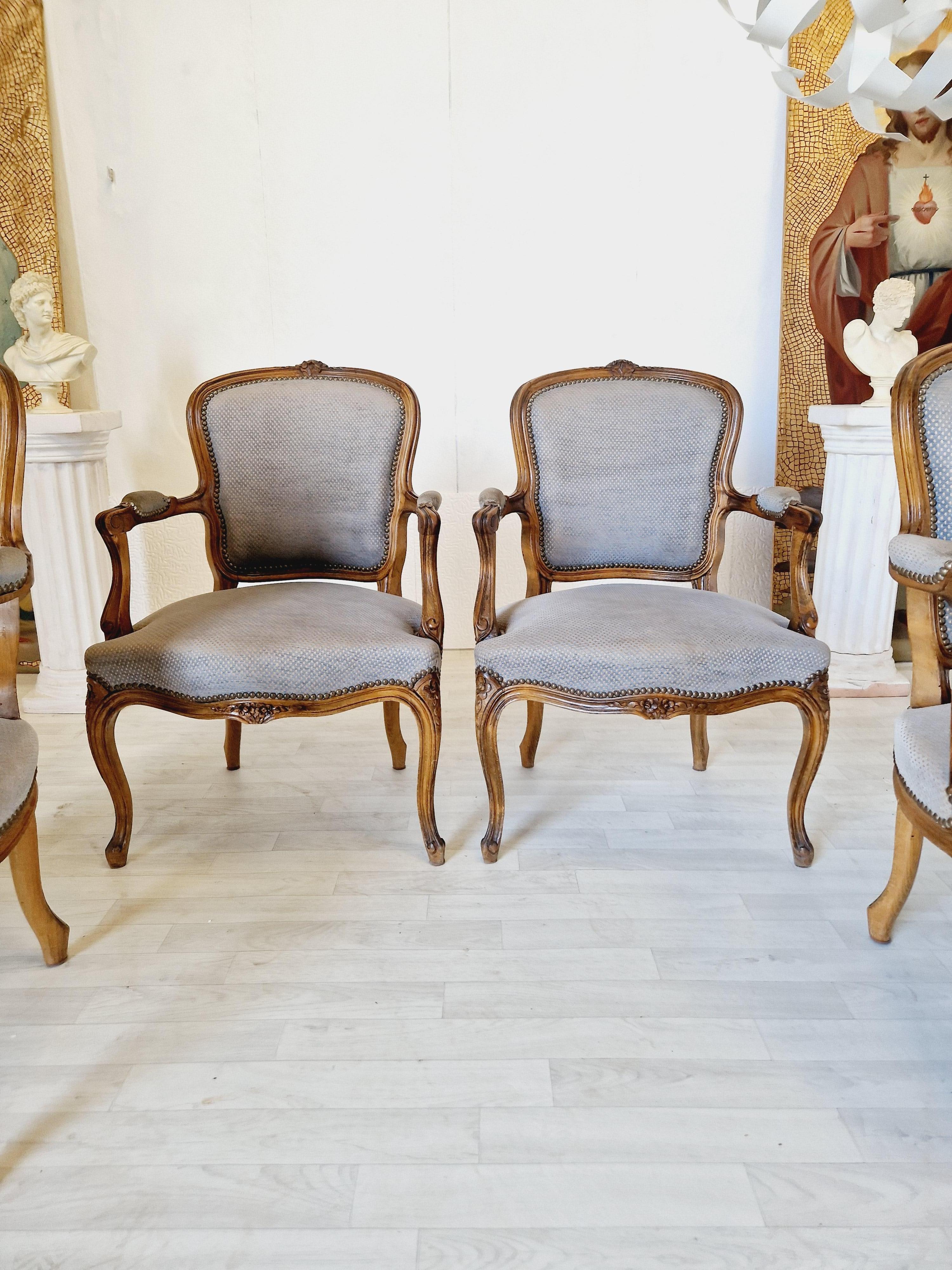 Carved Louis XV French Armchairs Suite of 4
