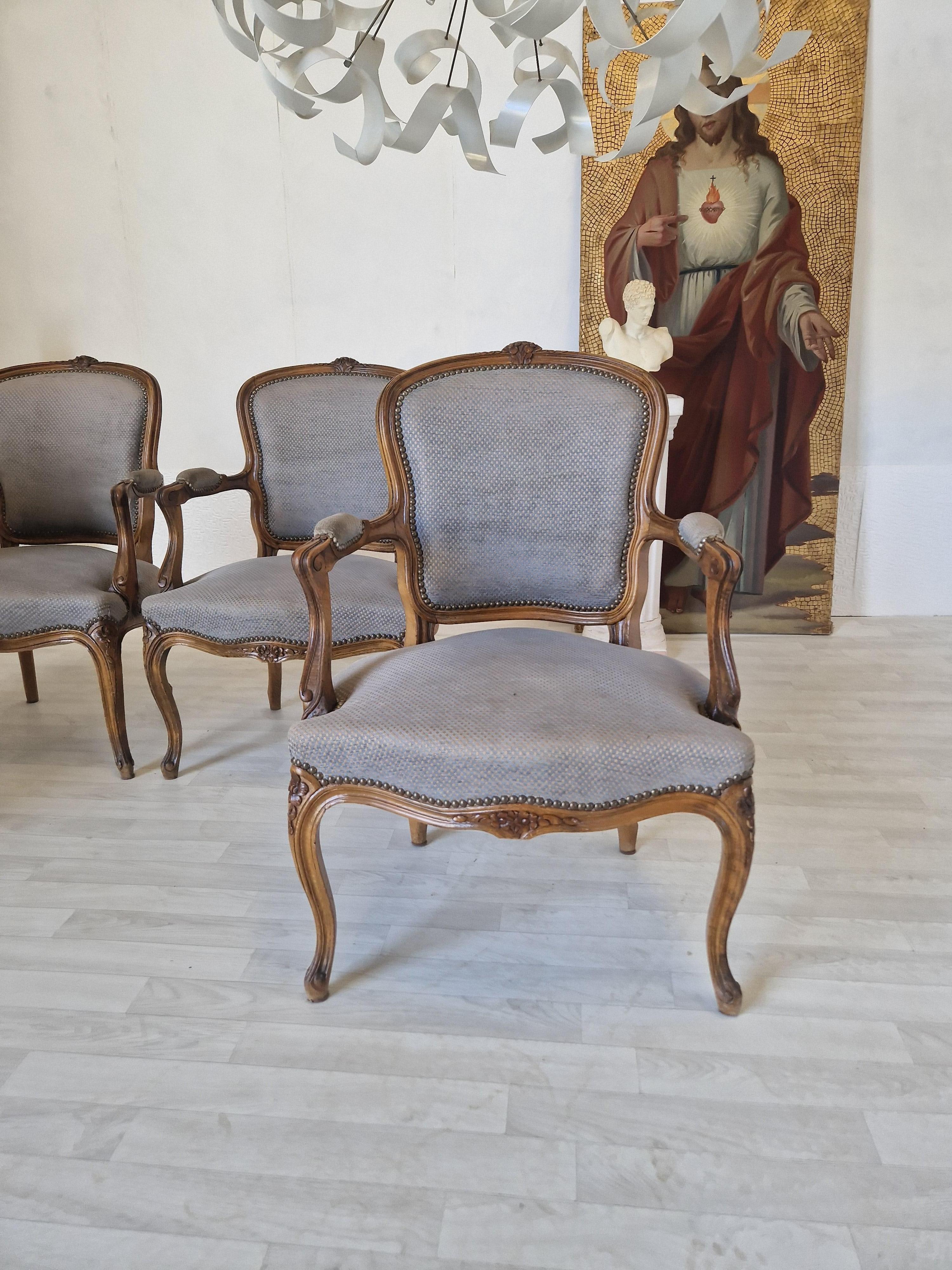 Walnut Louis XV French Armchairs Suite of 4 For Sale