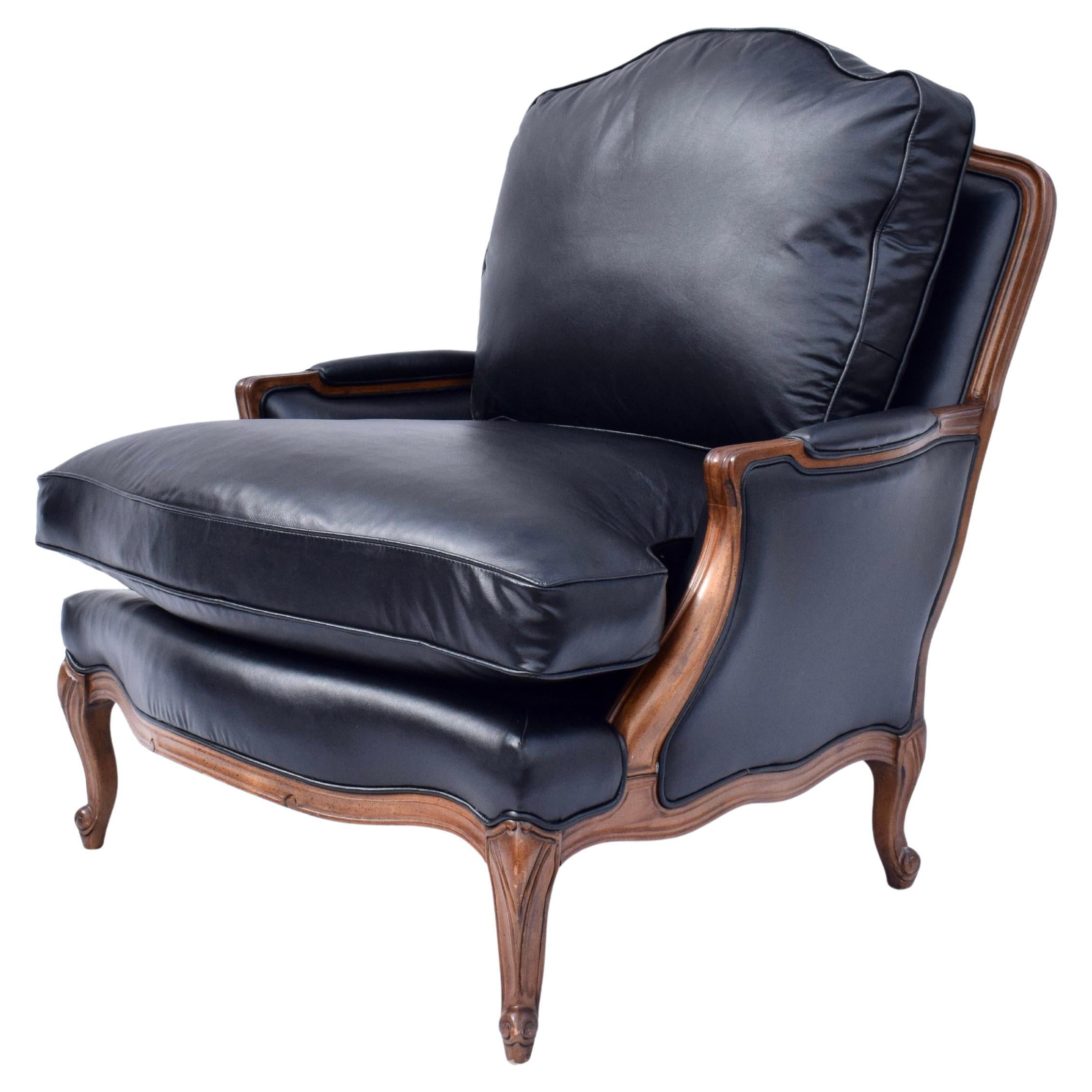 Louis XV French Black Leather Bergere Lounge Chair