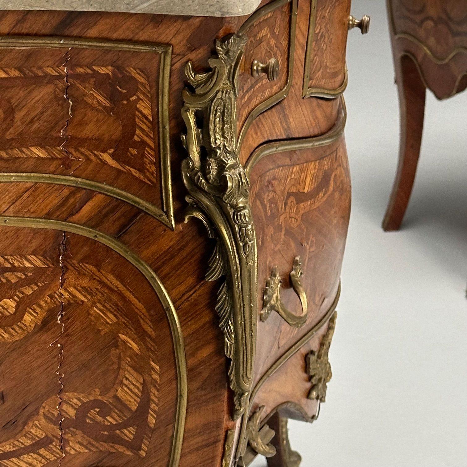 Louis XV, French Bombe Commodes, Marquetry, Marble, France, 1970s For Sale 4