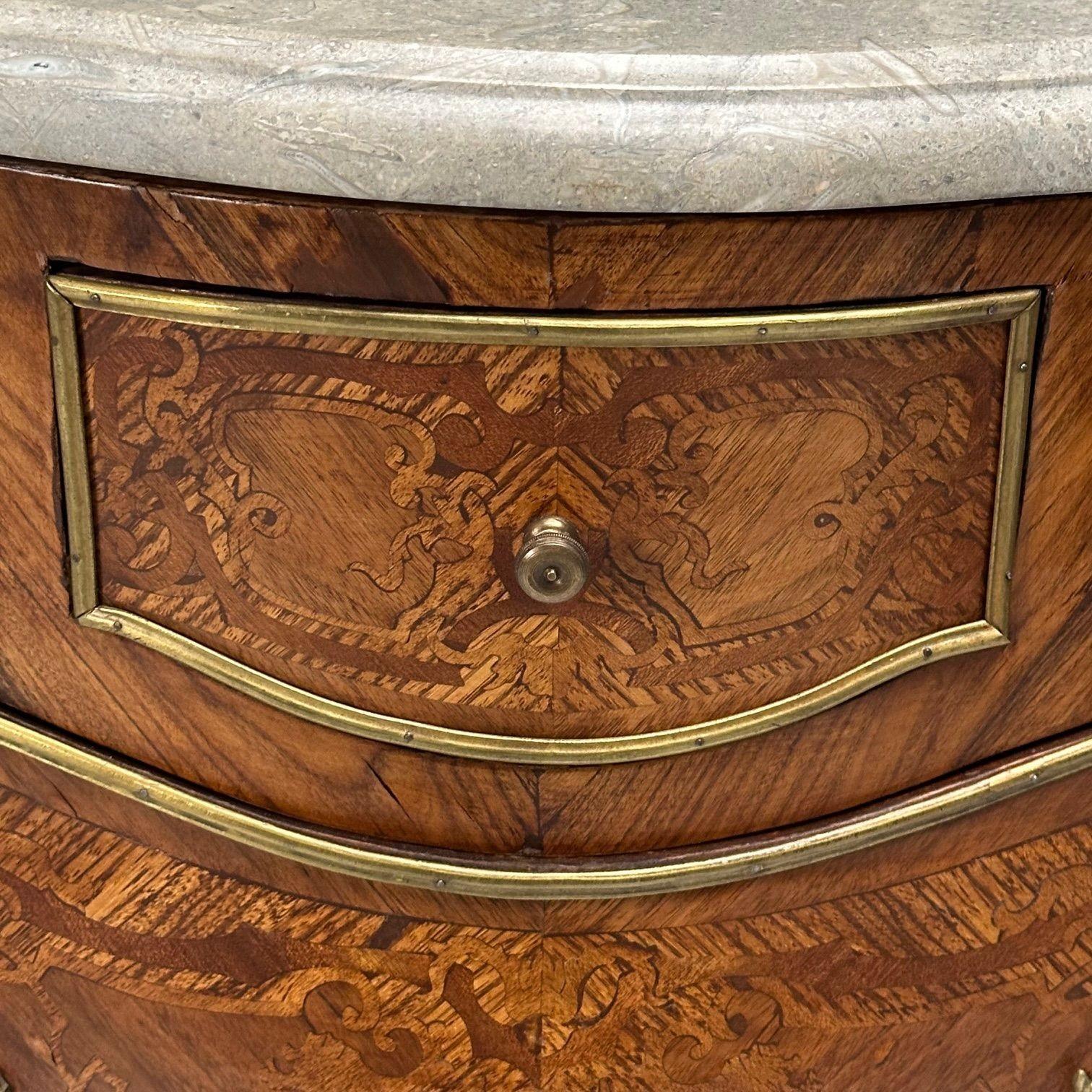 Louis XV, French Bombe Commodes, Marquetry, Marble, France, 1970s For Sale 8