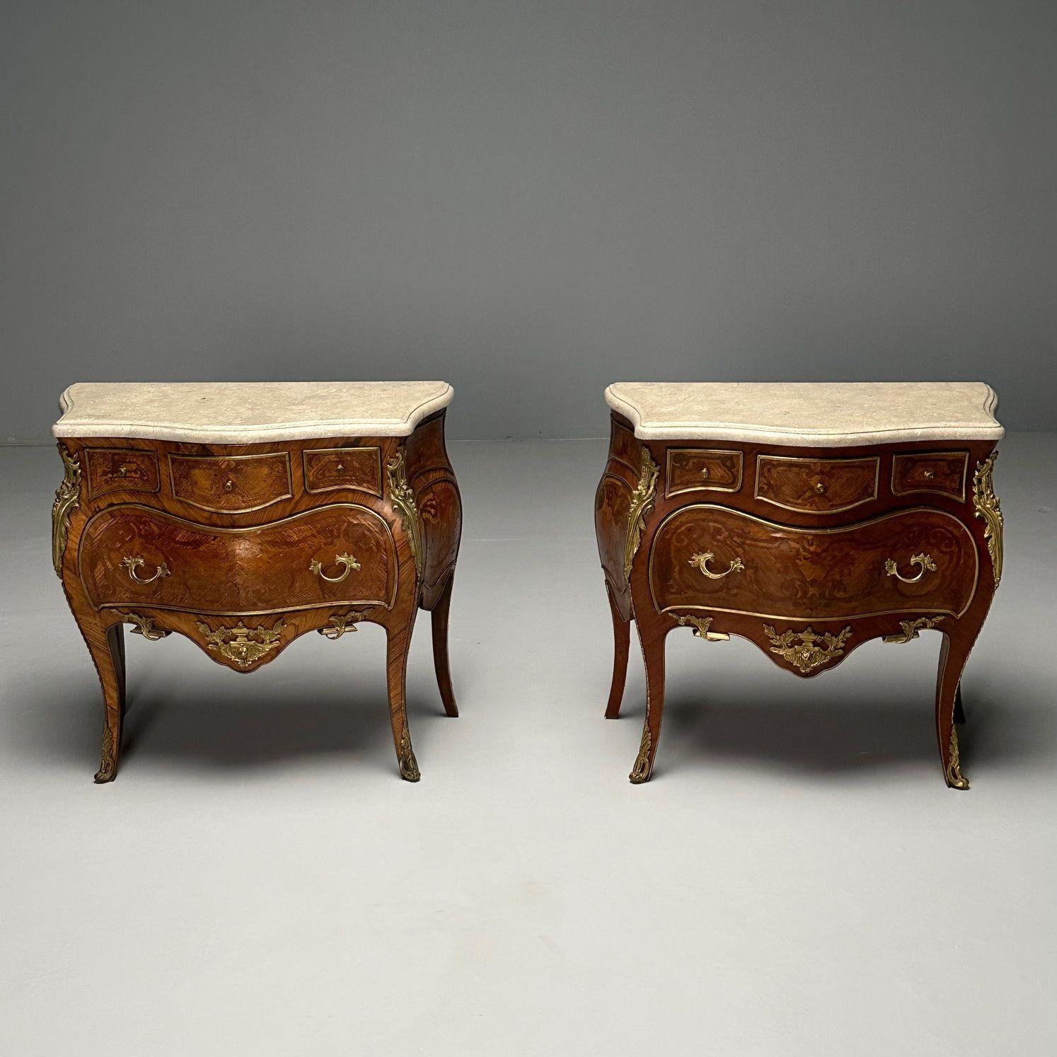 Louis XV, Small French Commodes or Nightstands, Marquetry, Marble, France, 1970s

Pair of Bombe Chests or nightstands having bronze mounts with two drawers on inlaid fronts and sides. The pair supporting marble tops.

Marquetry, Marble
France, c.