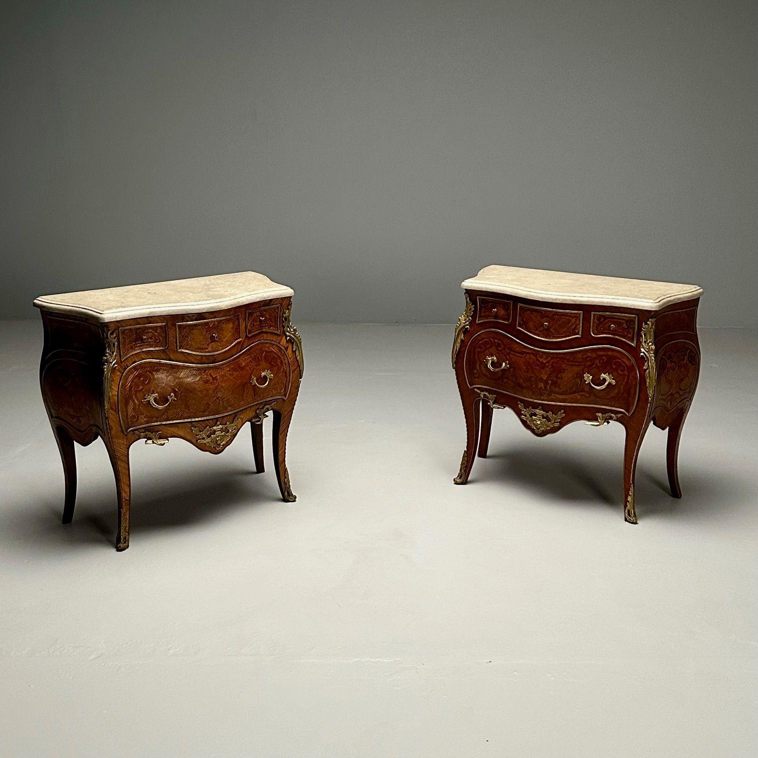 European Louis XV, French Bombe Commodes, Marquetry, Marble, France, 1970s For Sale