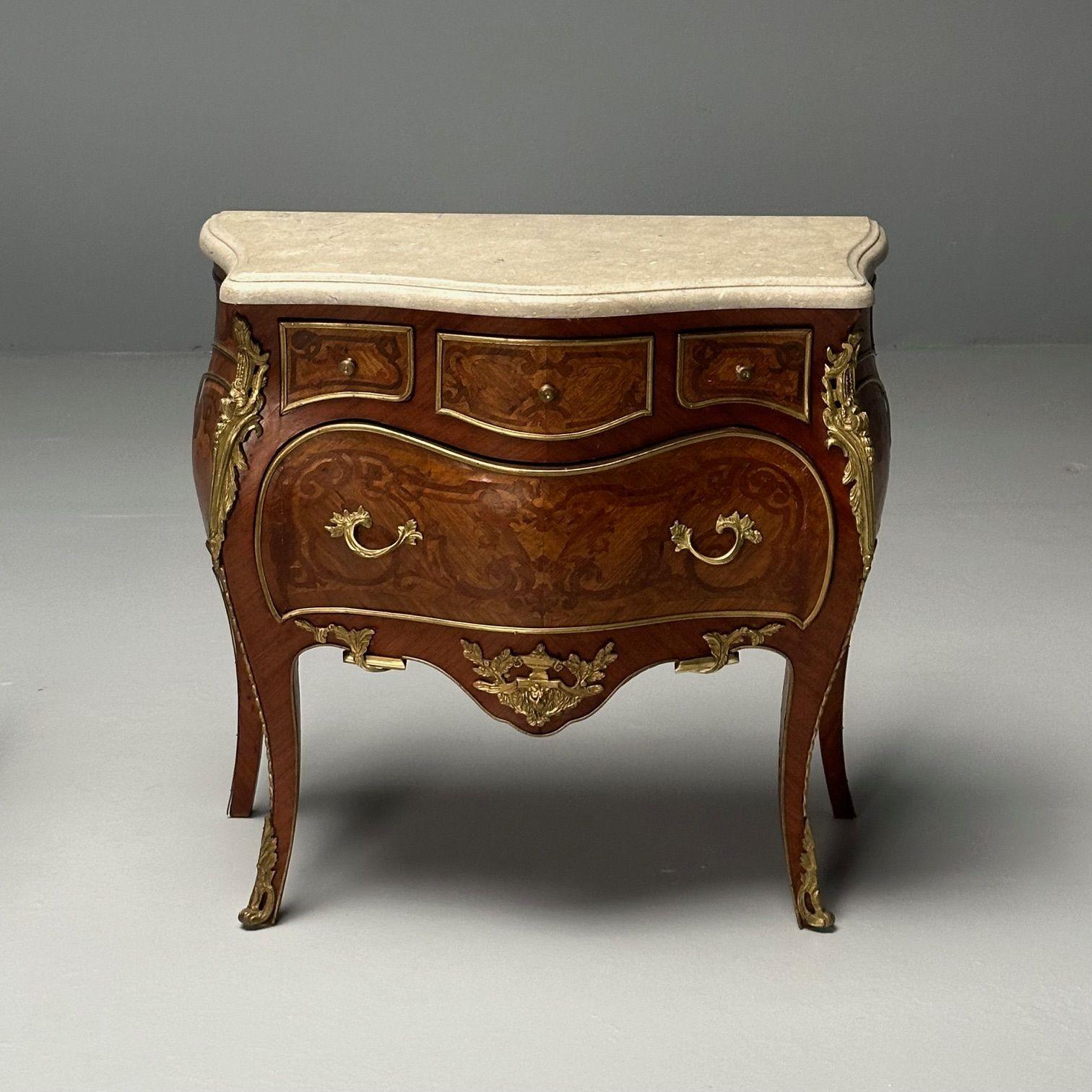 Louis XV, French Bombe Commodes, Marquetry, Marble, France, 1970s In Good Condition For Sale In Stamford, CT