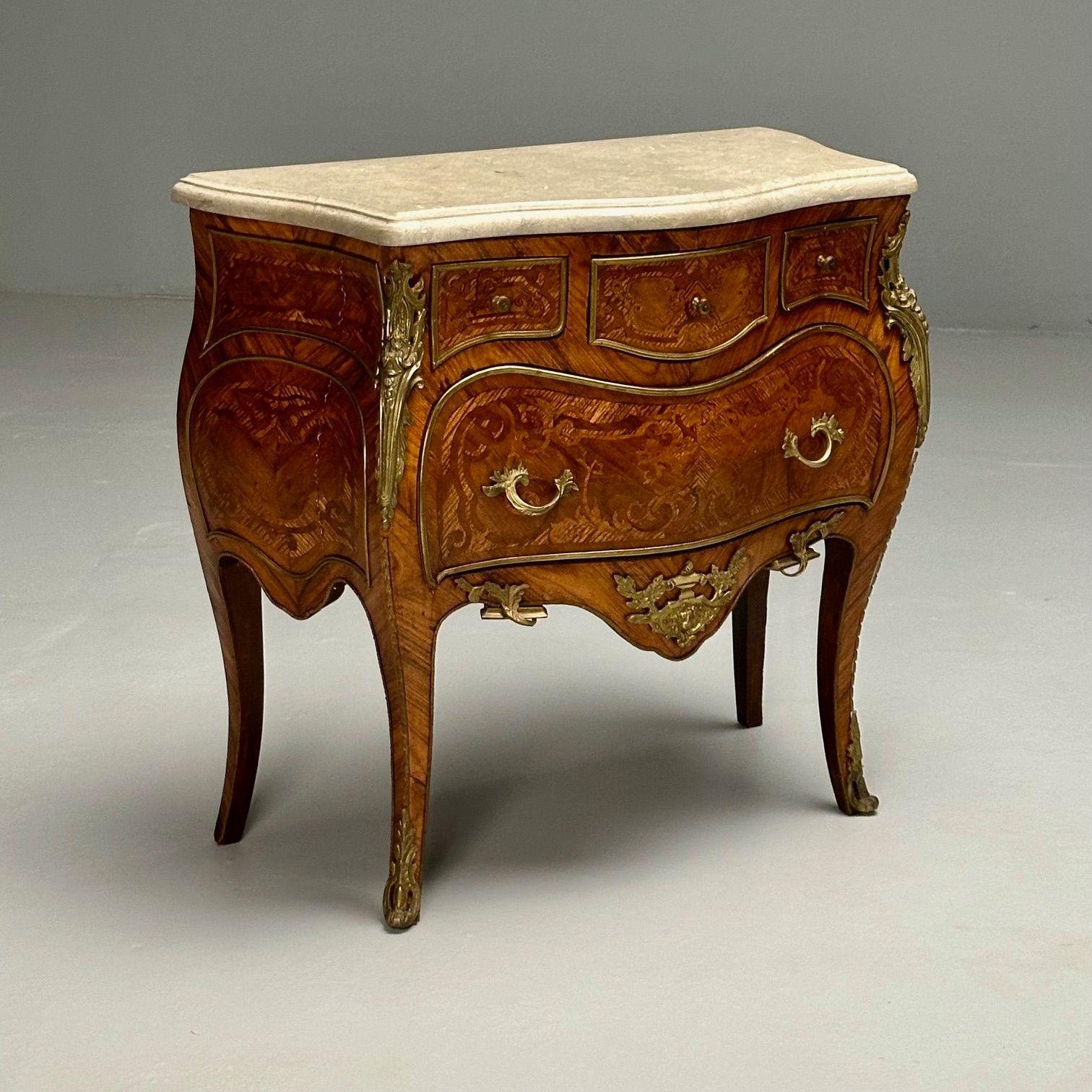 Mid-20th Century Louis XV, French Bombe Commodes, Marquetry, Marble, France, 1970s For Sale