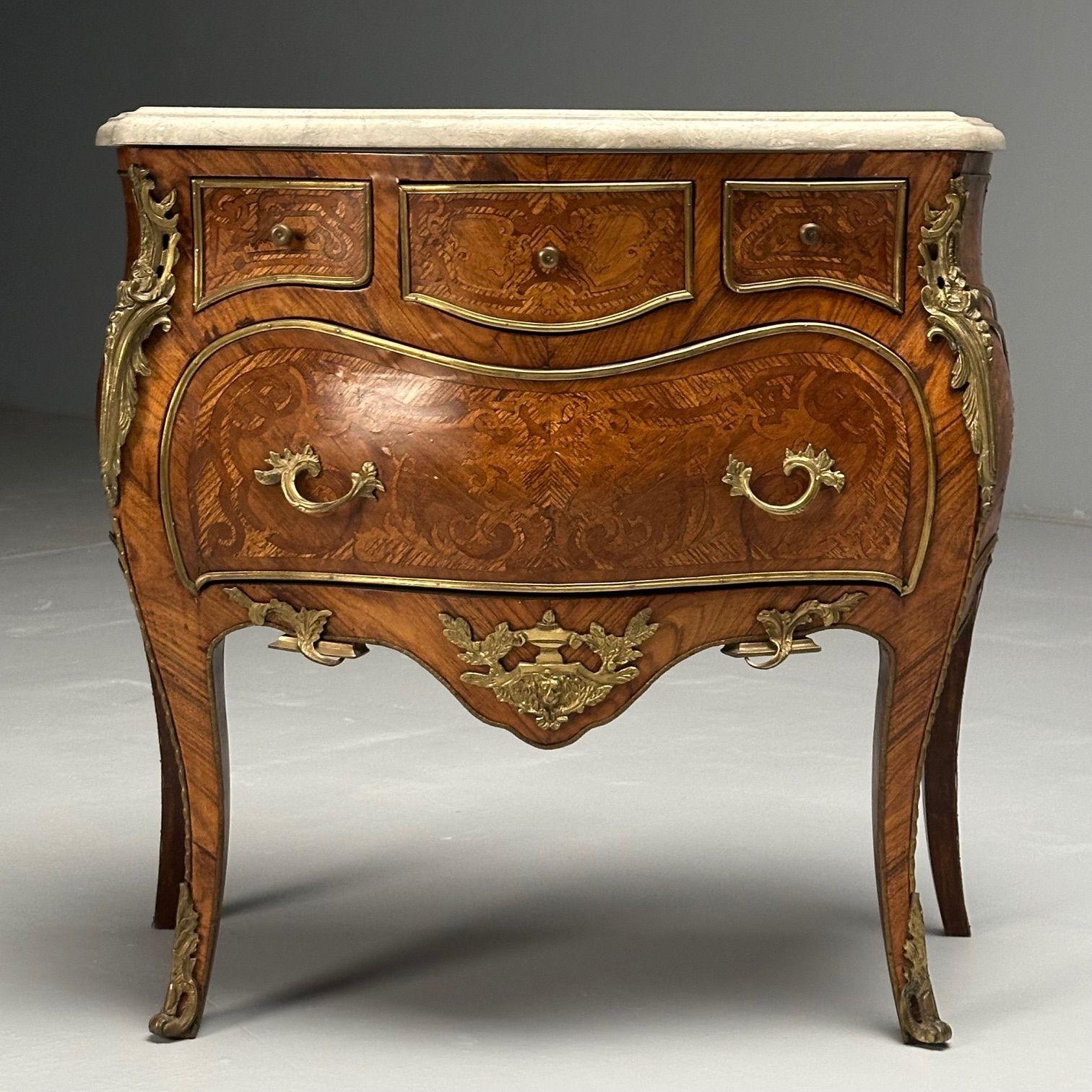 Bronze Louis XV, French Bombe Commodes, Marquetry, Marble, France, 1970s For Sale