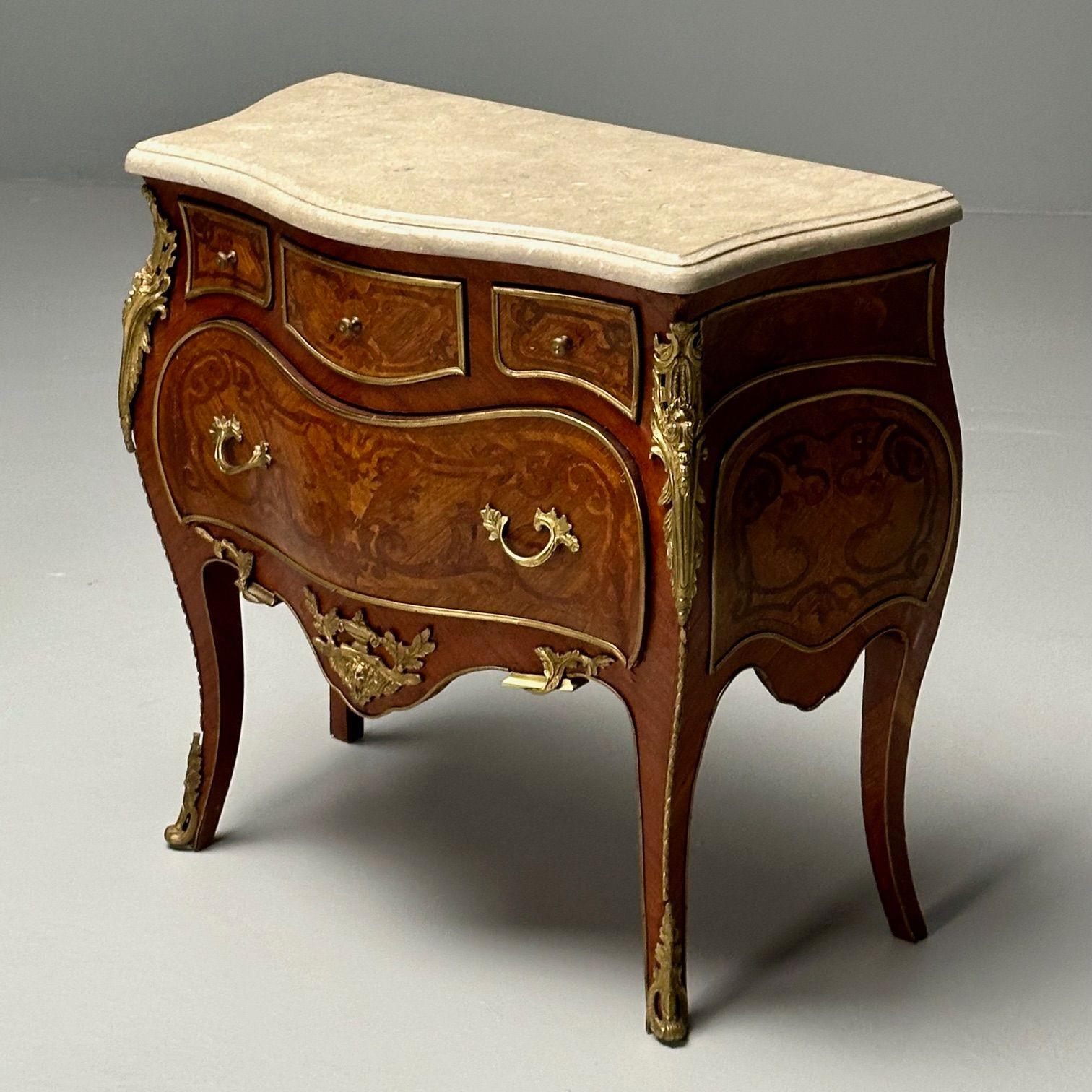 Louis XV, French Bombe Commodes, Marquetry, Marble, France, 1970s For Sale 1