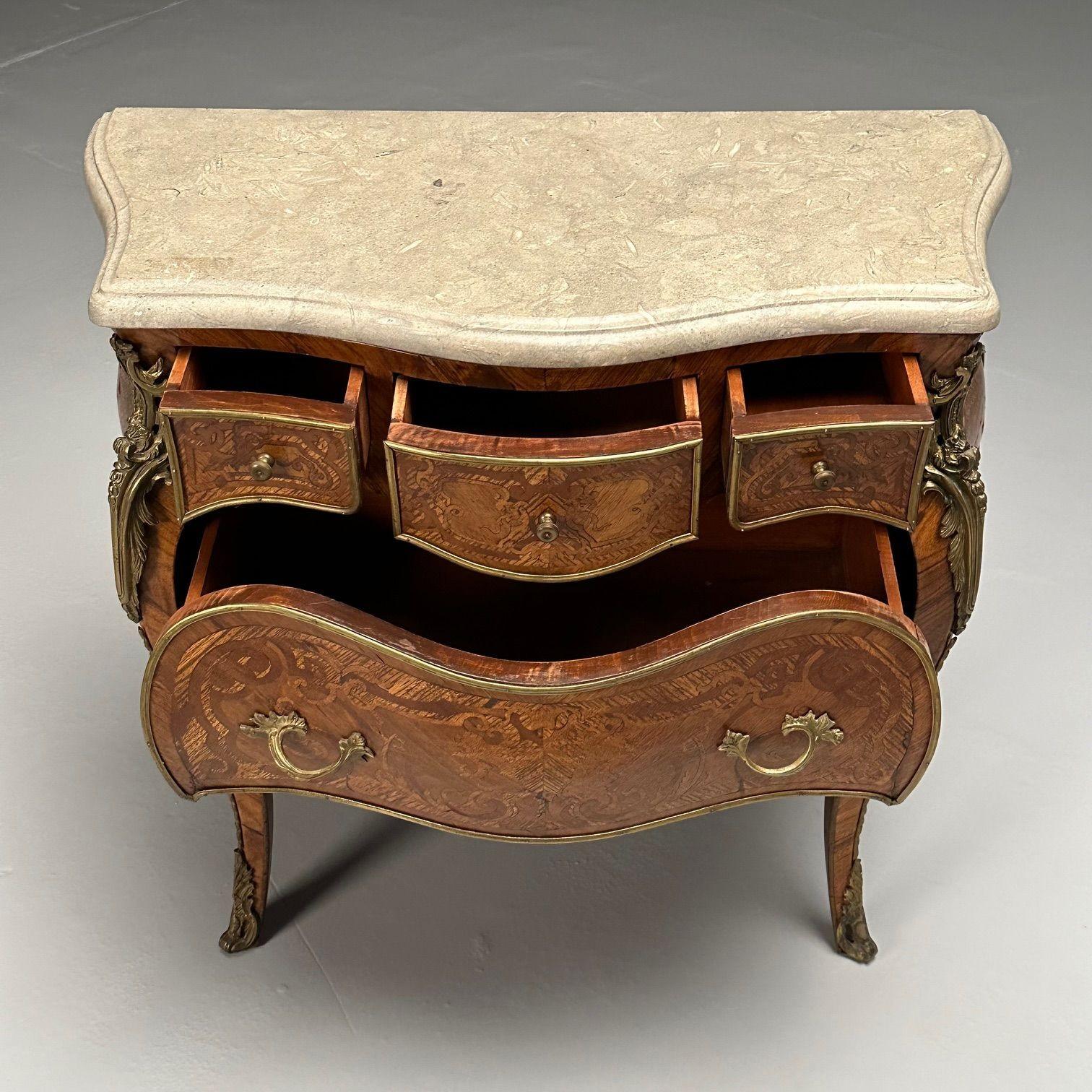 Louis XV, French Bombe Commodes, Marquetry, Marble, France, 1970s For Sale 2