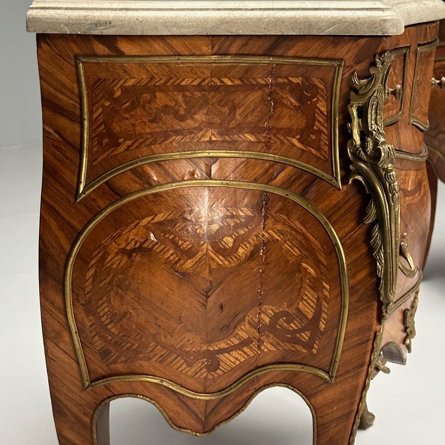 Louis XV, French Bombe Commodes, Marquetry, Marble, France, 1970s For Sale 3