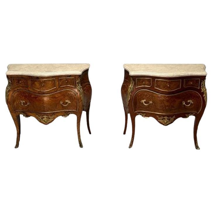 Louis XV, French Bombe Commodes, Marquetry, Marble, France, 1970s For Sale