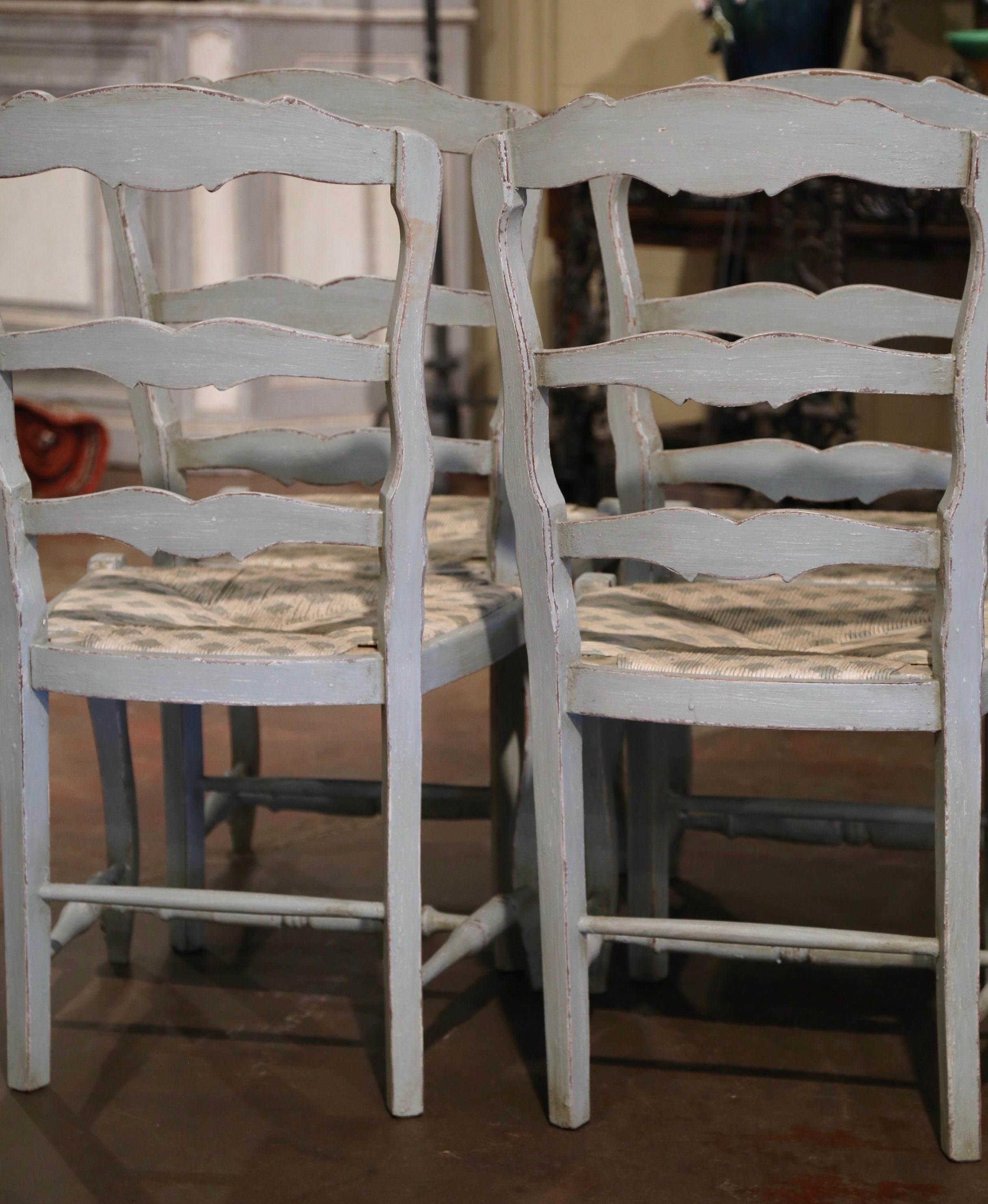 Louis XV French Carved Painted Beech Rush Seat Ladder Back Chairs, Set of 4 5