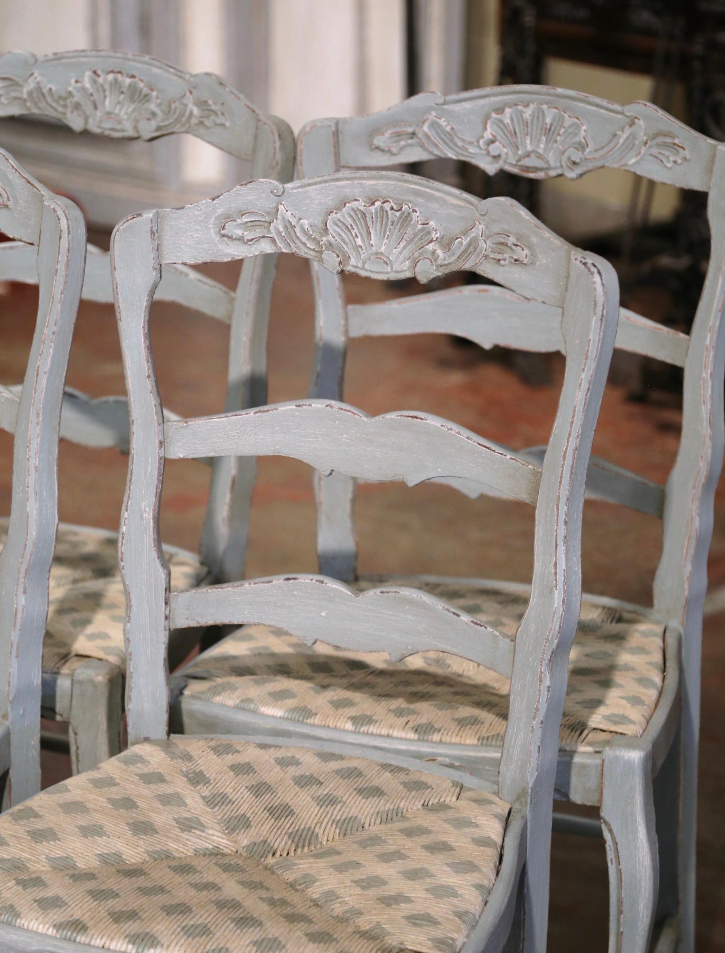 Hand-Carved Louis XV French Carved Painted Beech Rush Seat Ladder Back Chairs, Set of 4