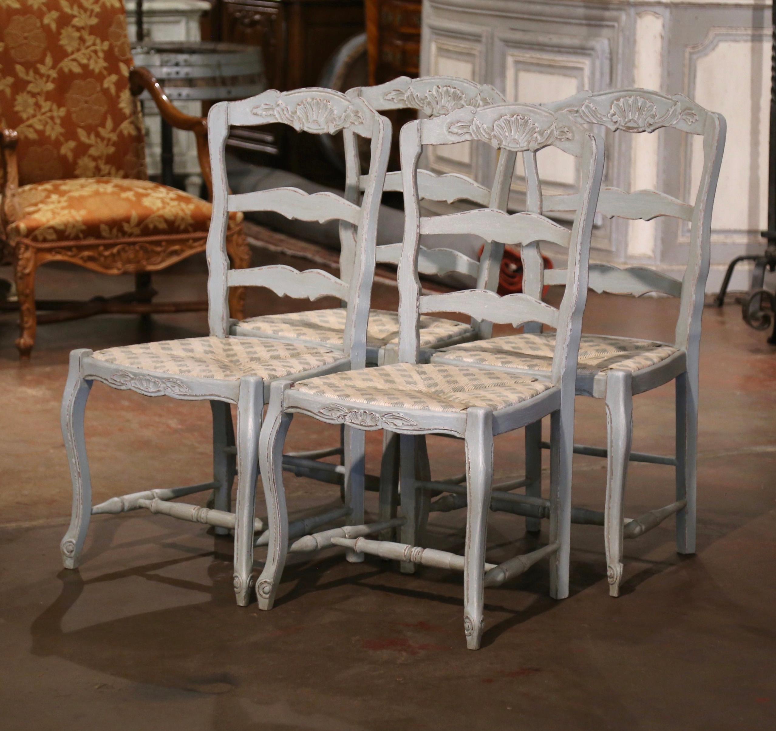 Late 20th Century Louis XV French Carved Painted Beech Rush Seat Ladder Back Chairs, Set of 4