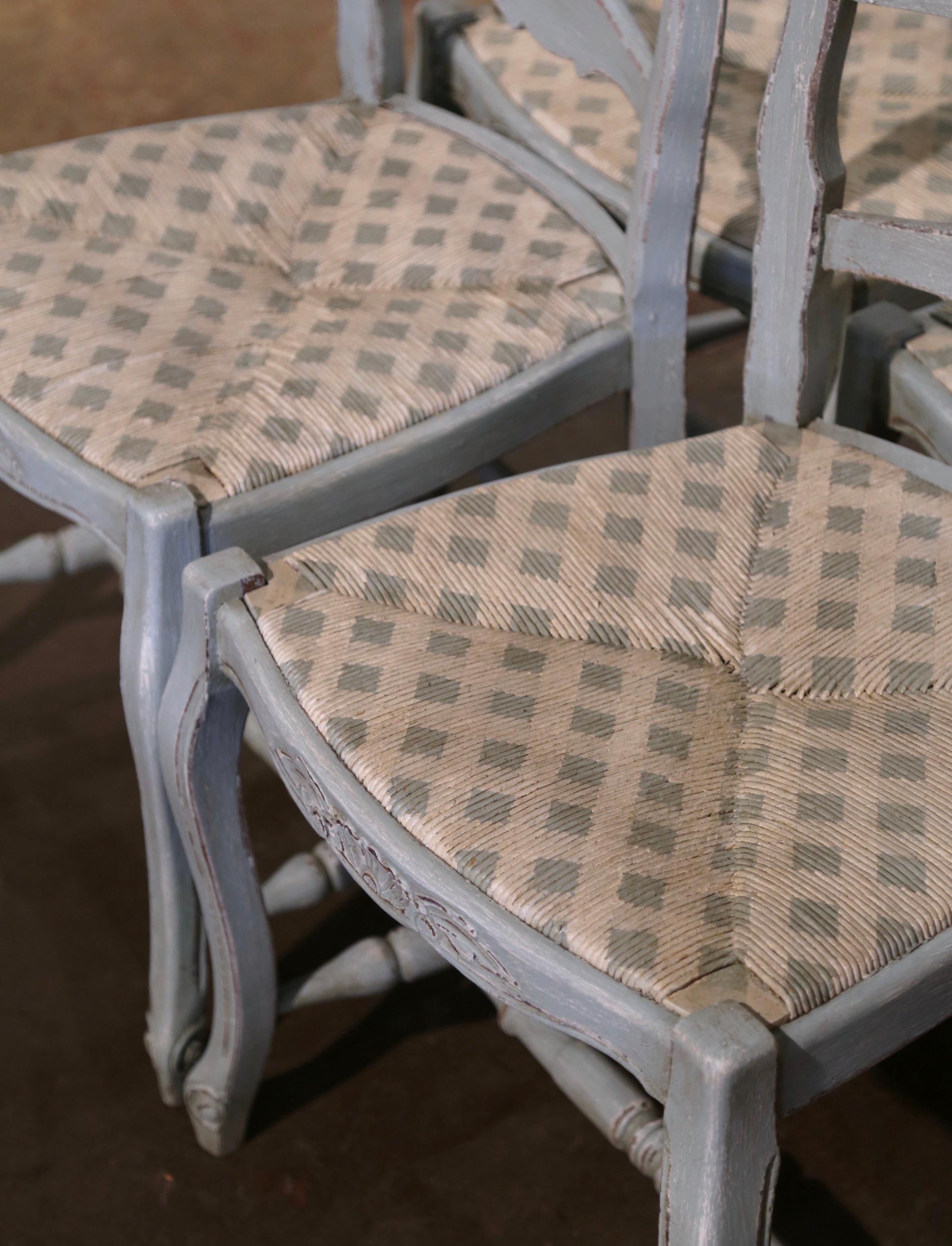 Louis XV French Carved Painted Beech Rush Seat Ladder Back Chairs, Set of 4 1