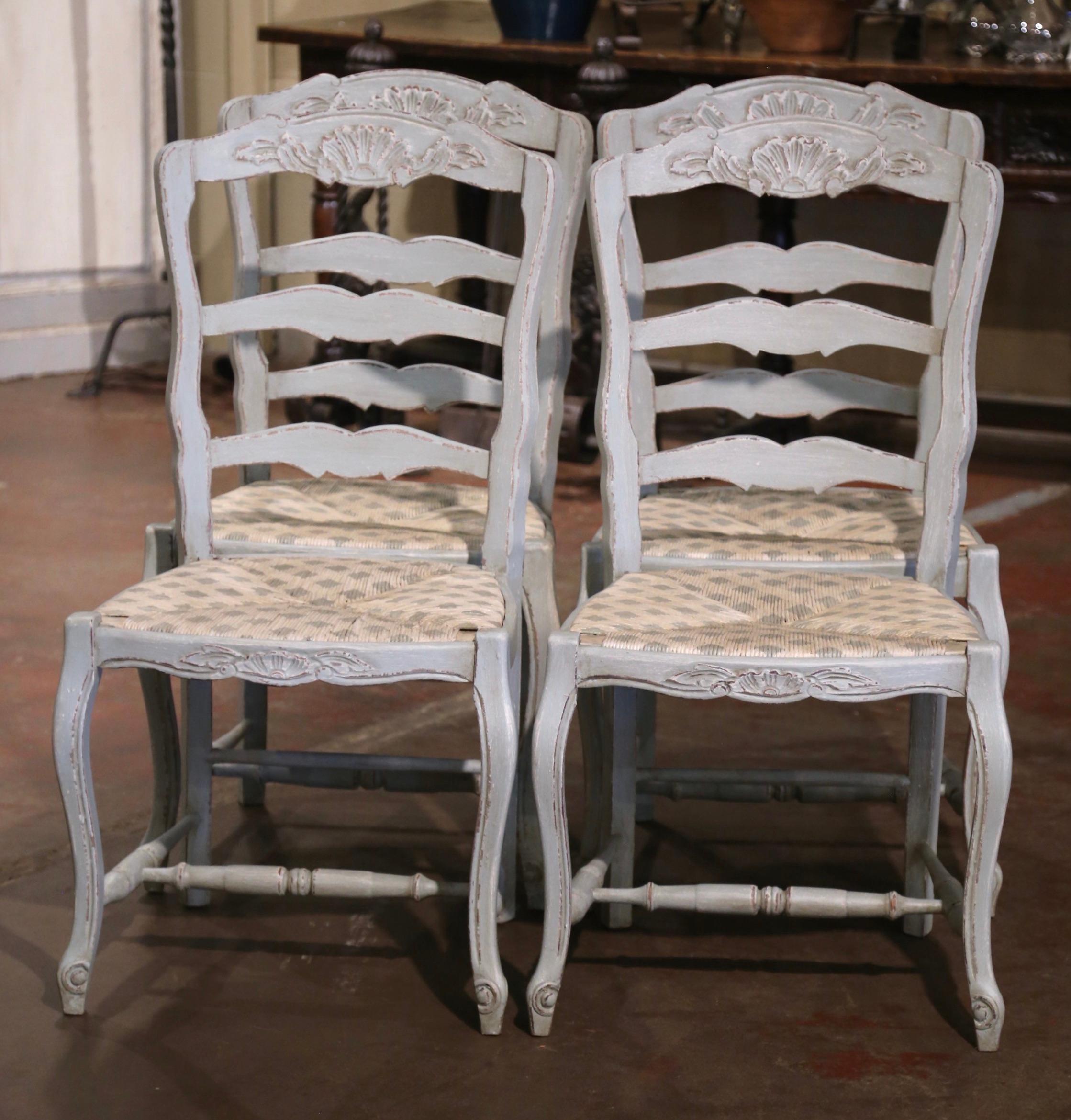 Louis XV French Carved Painted Beech Rush Seat Ladder Back Chairs, Set of 4 2