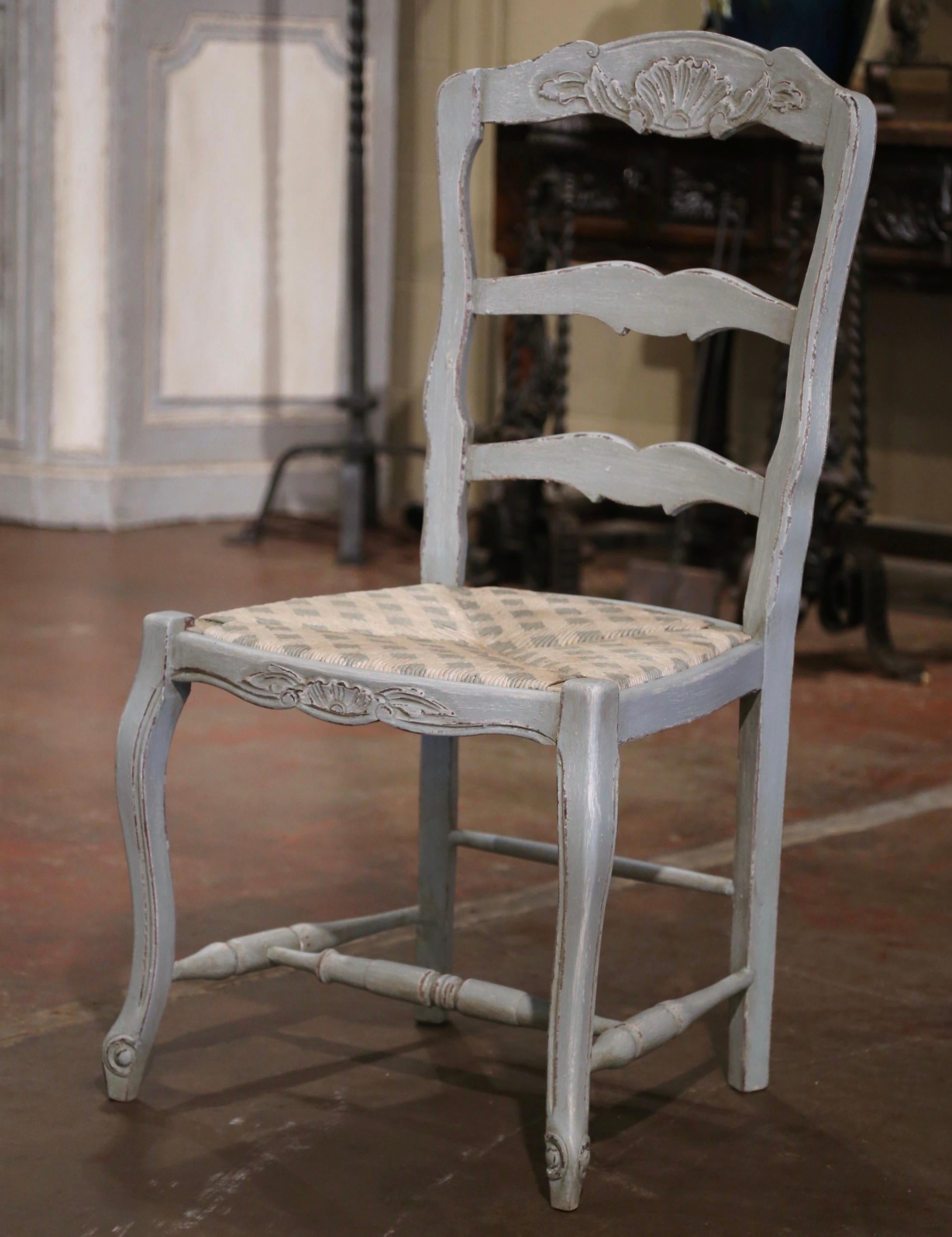 Louis XV French Carved Painted Beech Rush Seat Ladder Back Chairs, Set of 4 3