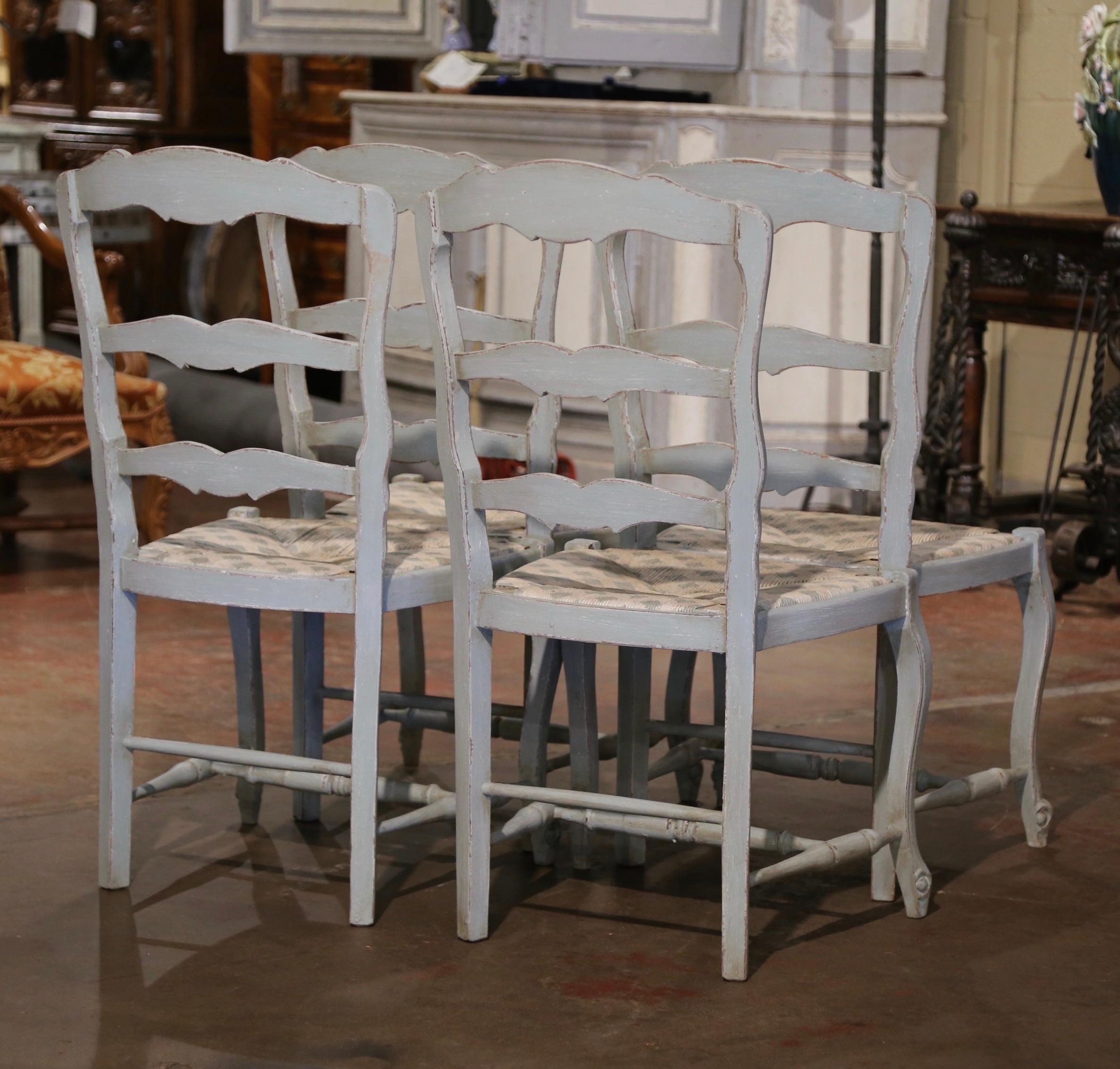 Louis XV French Carved Painted Beech Rush Seat Ladder Back Chairs, Set of 4 4