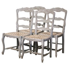 Louis XV French Carved Painted Beech Rush Seat Ladder Back Chairs, Set of 4