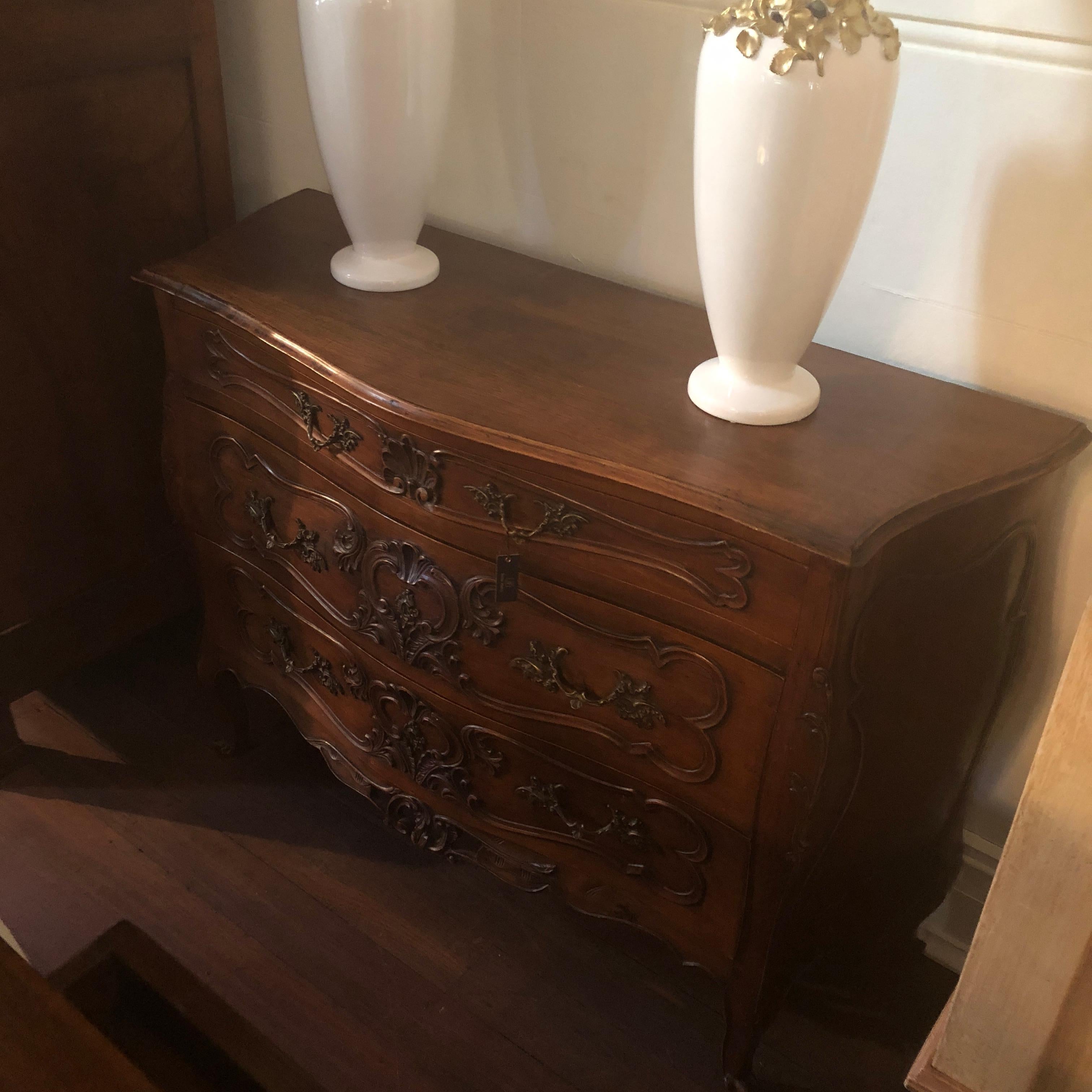Hand-Carved Louis XV French Carved Walnut Bombe Commode, circa 1950 For Sale