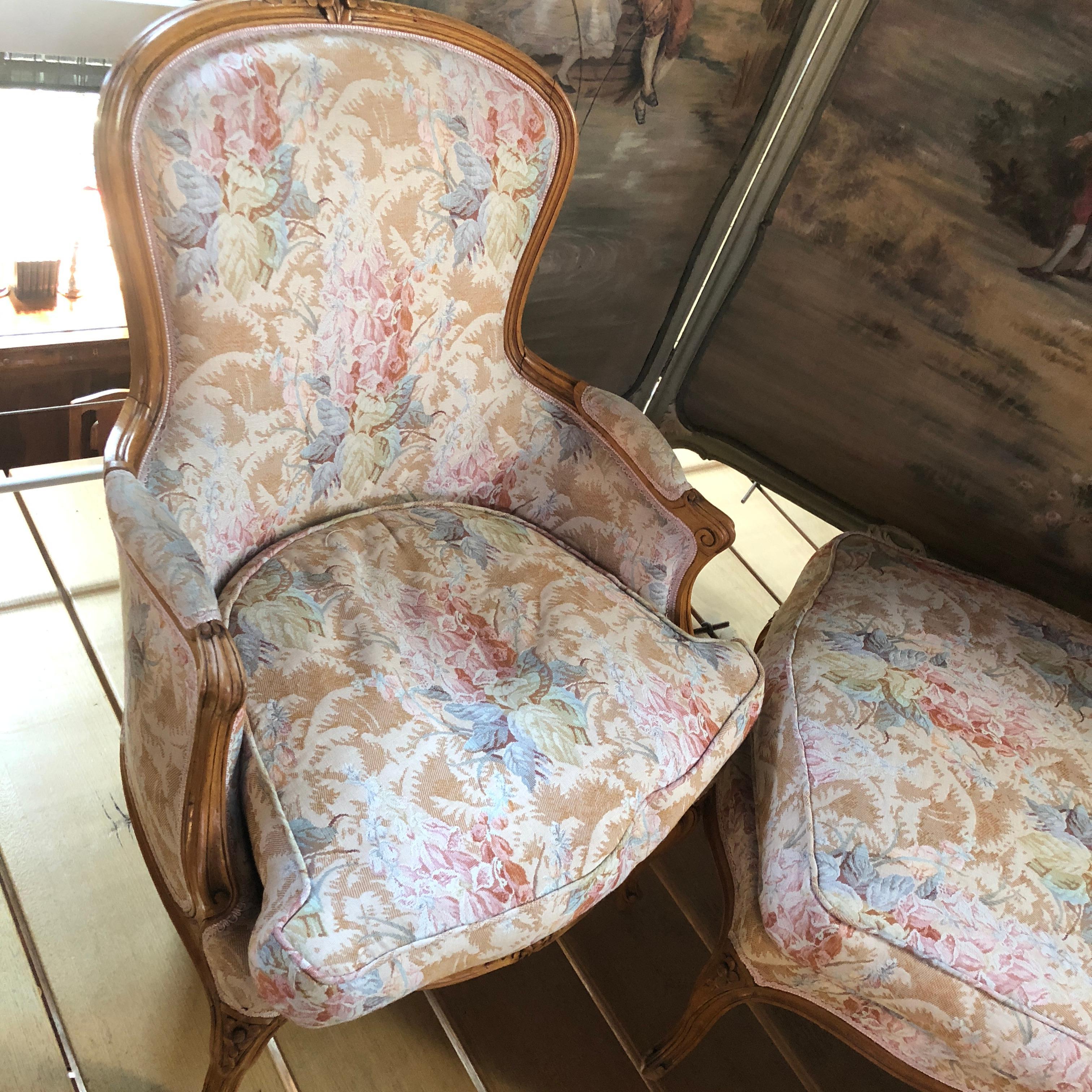 French Provincial Louis XV French Cherrywood Armchairs with Foot Rest, 3-Piece Set, circa 1980 For Sale