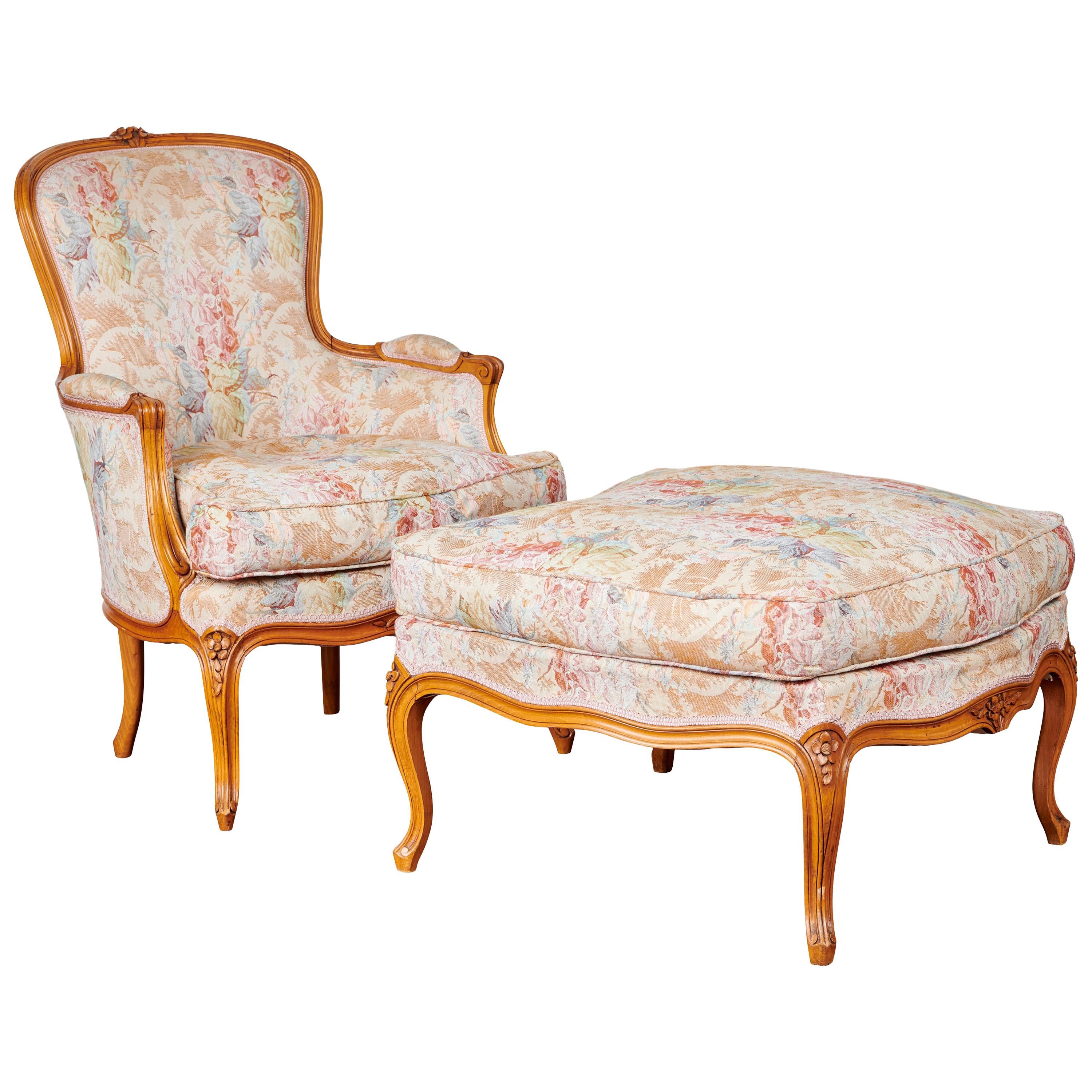 Louis XV French Cherrywood Armchairs with Foot Rest, 3-Piece Set, circa 1980 For Sale