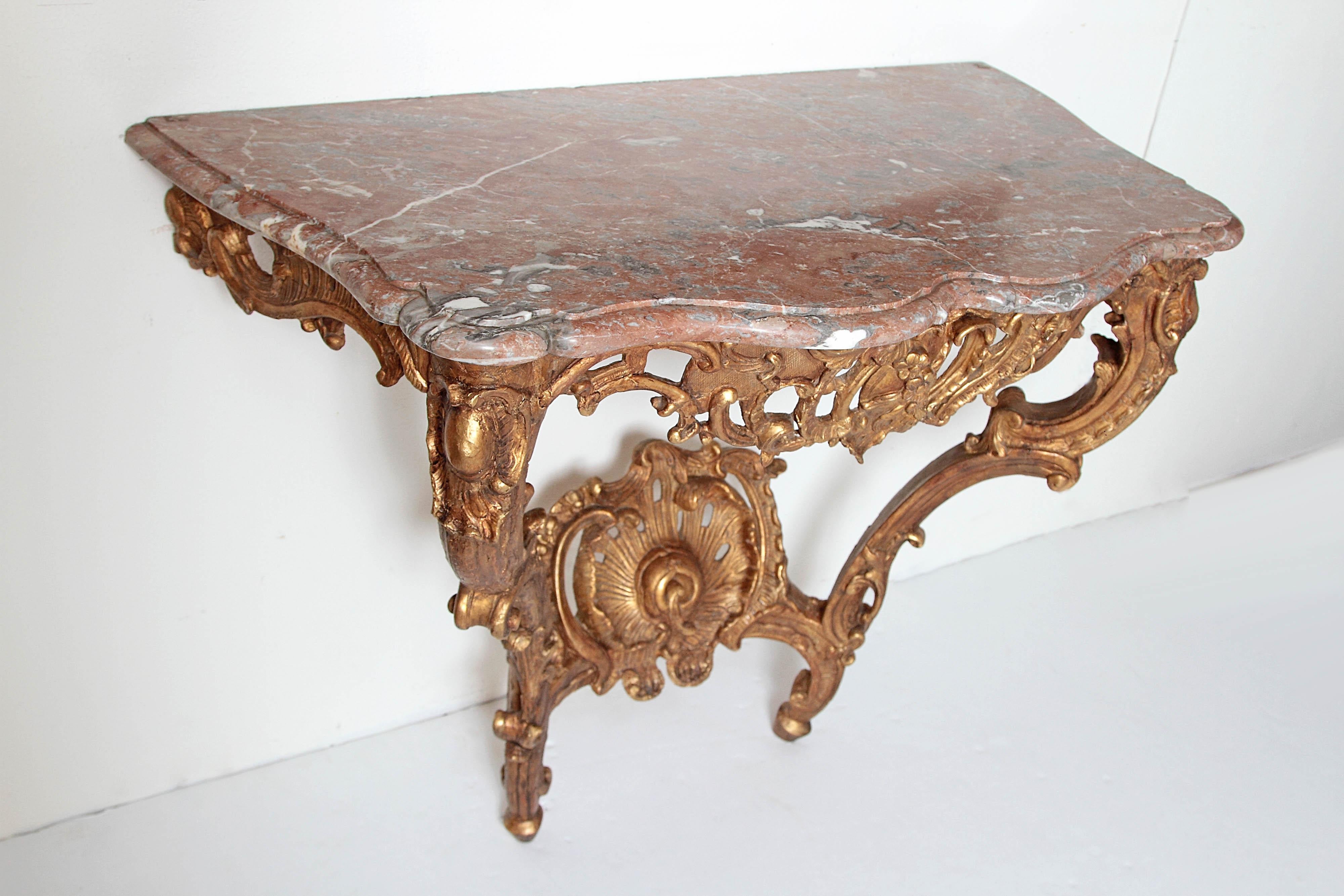 Gilt Louis XV French Console Table with Marble Top For Sale
