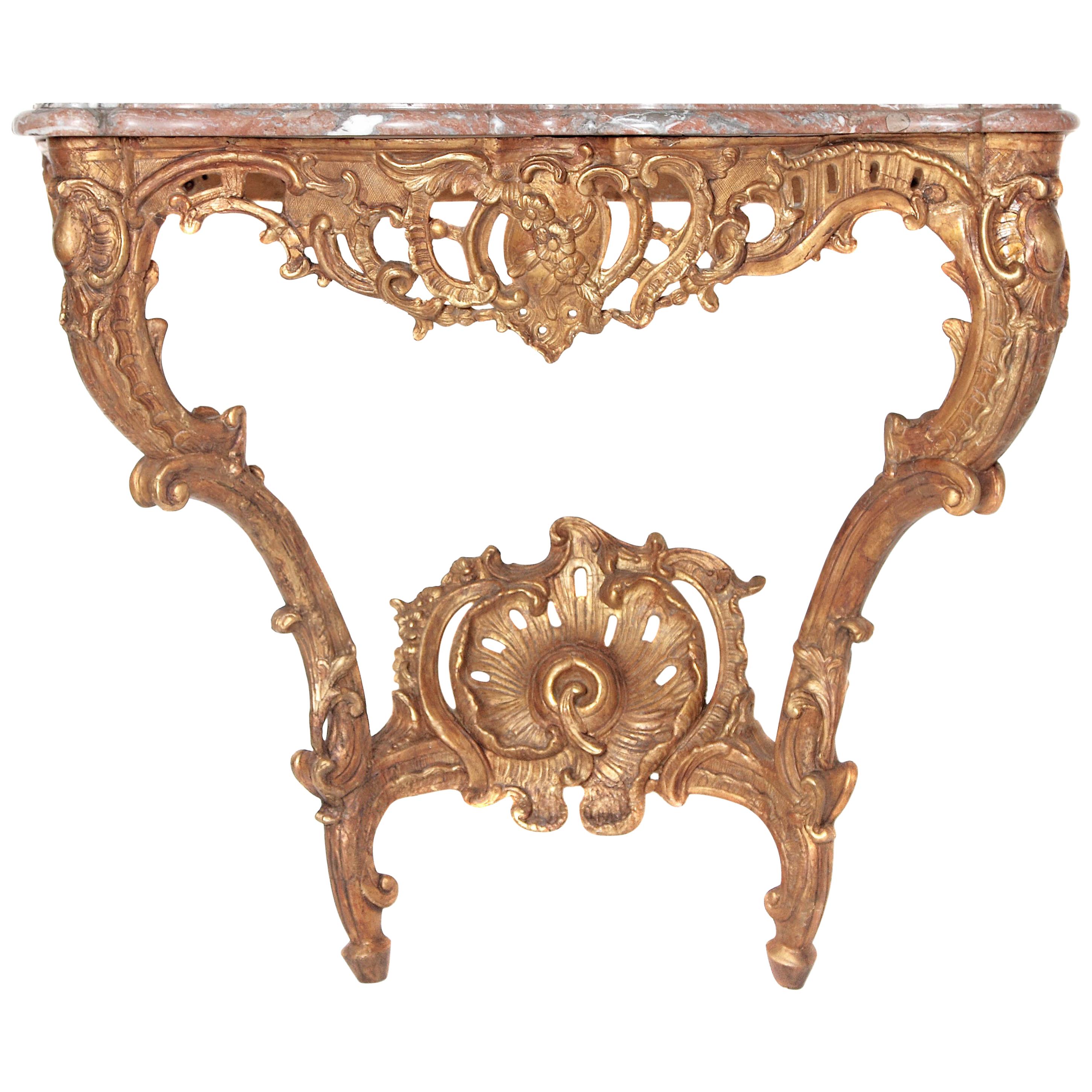 Table console française de style Louis XV avec plateau en marbre