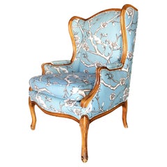 Louis XV French Country Style Hand Carved Walnut Wing Back Chair, Pair