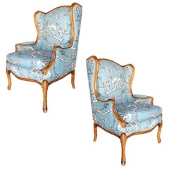 Louis XV Style French Country Hand Carved Walnut Wing-back Chair, Pair