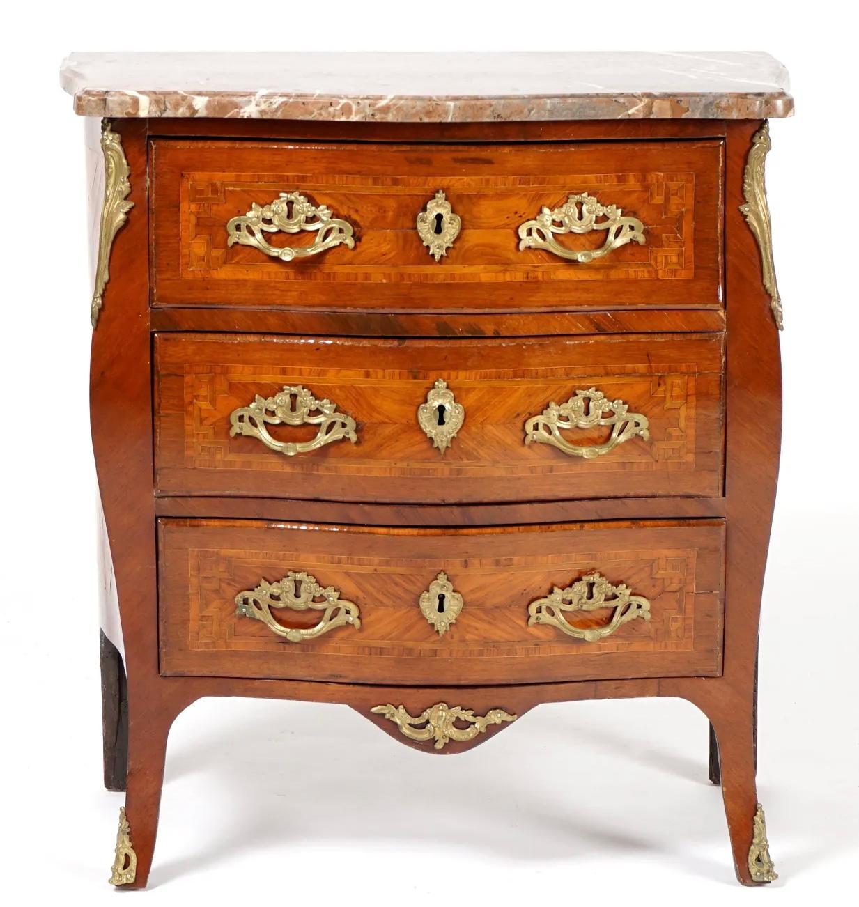 Louis XV French Inlaid Bronze Mounted Marble Top Commode 7