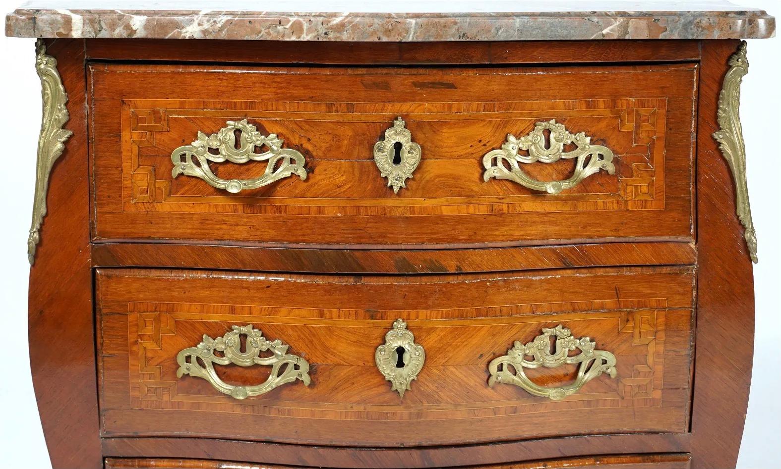 Louis XV French Inlaid Bronze Mounted Marble Top Commode In Good Condition In Bradenton, FL