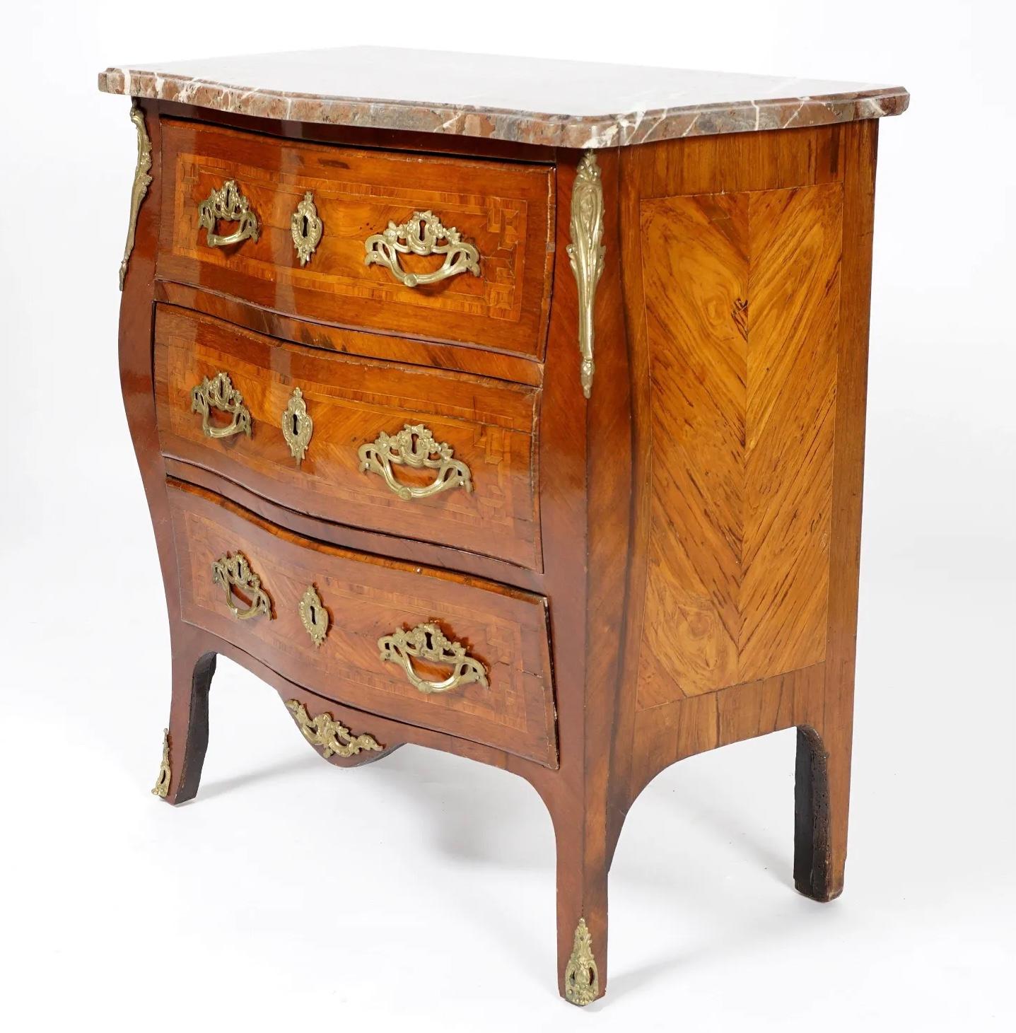 18th Century and Earlier Louis XV French Inlaid Bronze Mounted Marble Top Commode