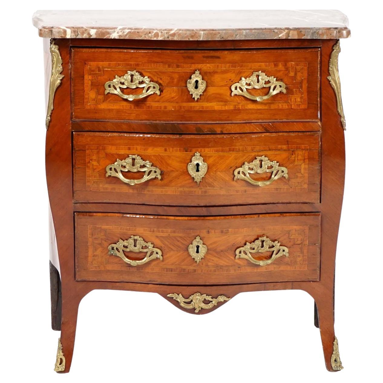 Louis XV French Inlaid Bronze Mounted Marble Top Commode