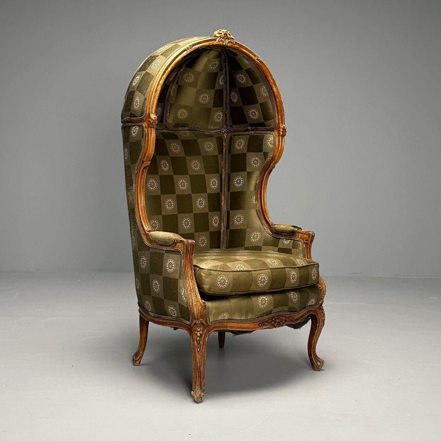 Louis XV, French Hooded Porter Chair, Green Fabric, Beech, France, 1940s
A walnut Hooded Porters chair in the Louis XV fashion. A wonderful, finely carved rose motif adorns the solid and sturdy frame. Price reflects the chair's need for