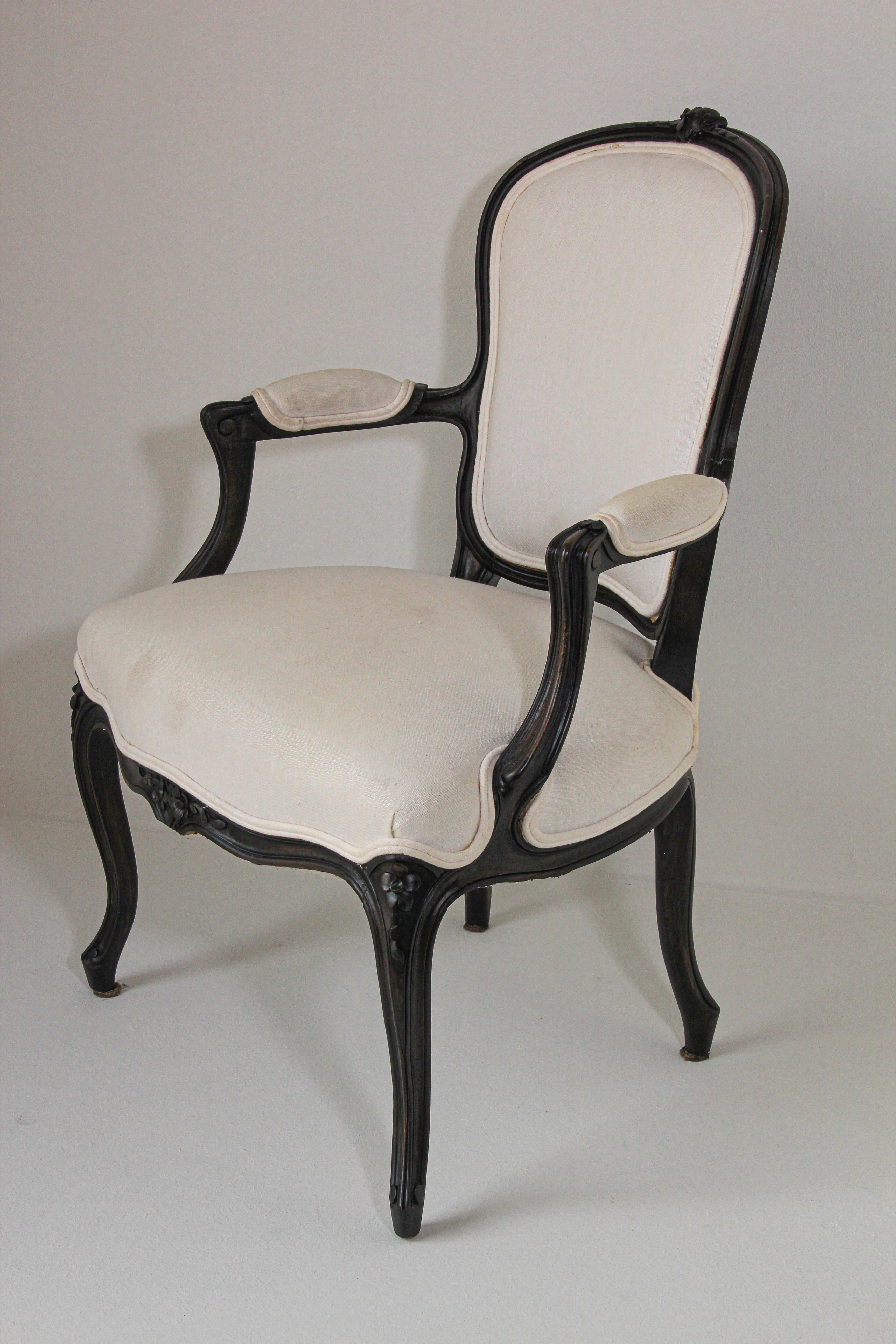 Linen Louis XV French Provincial Style Open Armchair For Sale