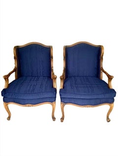 Louis XV French Provincial Walnut Upholstered Lounge Chairs, a Pair